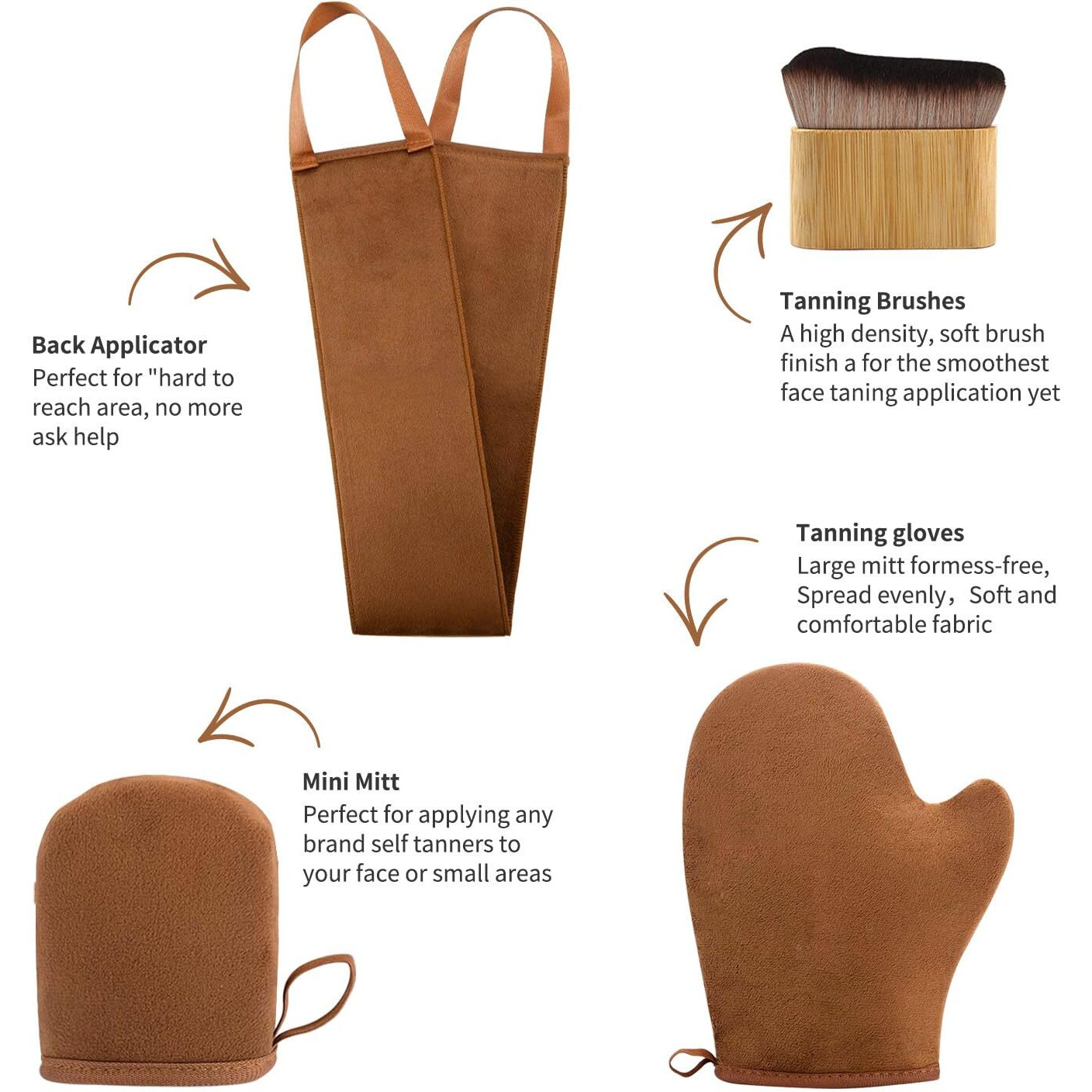 Funan Self Tanning Applicator Kit With Tanning Glove For Self Tan Mitt, Back Lotion Applicator, Mini Mitt And Ultra Soft Self Tanner Brush Bamboo Kabuki Brush, Brown