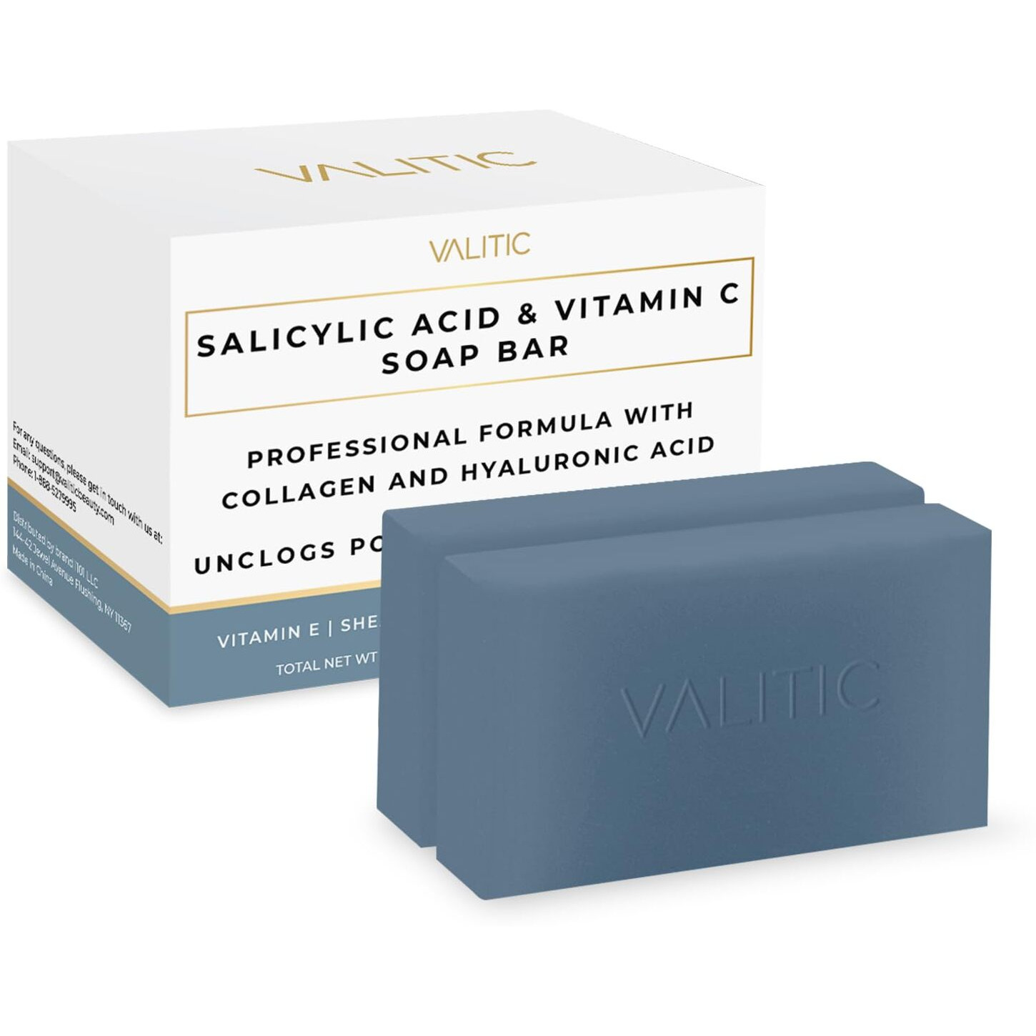 Valitic Salicylic Acid And Vitamin C Soap Bar - Facial Cleanser And Exfoliating Body Wash For Blackheads, Enlarged Pores And Blemish Skin With Collagen, Hyaluronic Acid, Vitamin E - 2 Pack