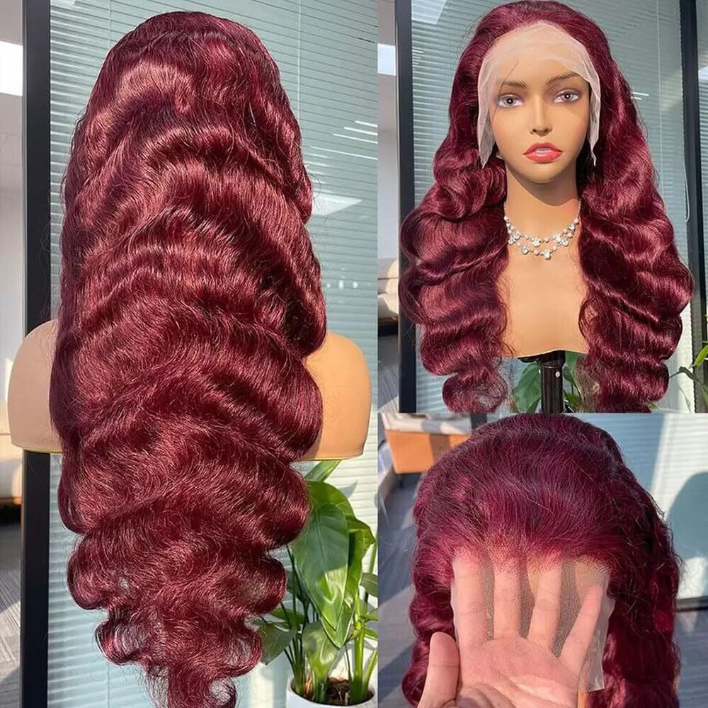 Burgundy Body Wave 13X4 Lace Front Wigs Human Hair 200% Density 32 Inch 99J Body Wave Frontal Wig Hd Transparent Pre Plucked Glueless Wigs With Baby Hair Wine Red Wigs For Women Brazilian Virgin Hair