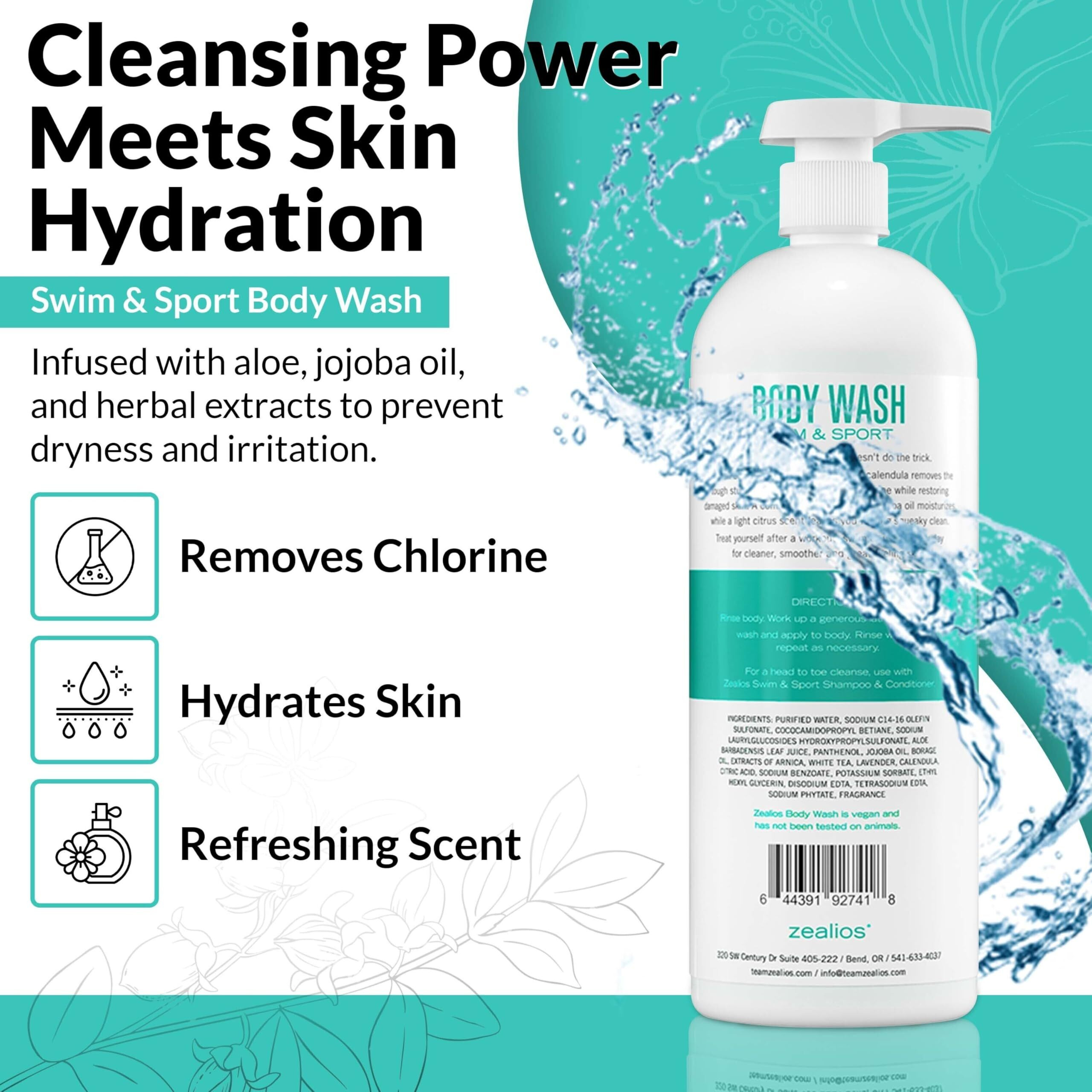 Zealios Swim & Sport Body Wash For Swimmers & Athletes 32Oz Skin Care Solution For Men & Women, Removes Chlorine, Sweat & Odor, Provides Cleansing And Hydration From Pool Chemicals, Light Citrus Scent