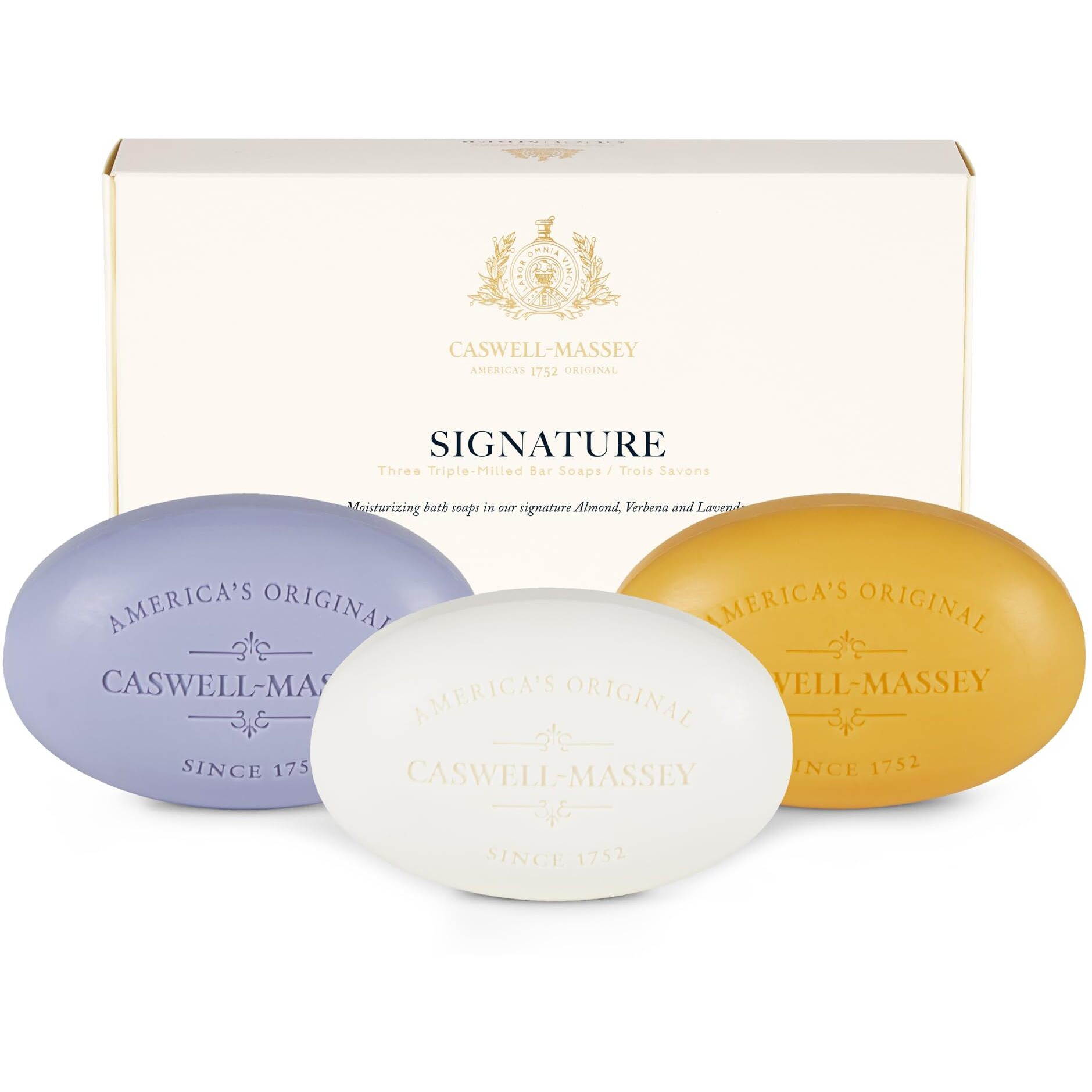 Caswell-Massey Natural Bar Soap Gift Set, Almond, Verbena, Lavender Scents, Triple-Milled Moisturizing Body Soap, Plant-Based For All Skin Types, Men, Women, Made In Usa, 3 Bars, 5.8 Oz Each