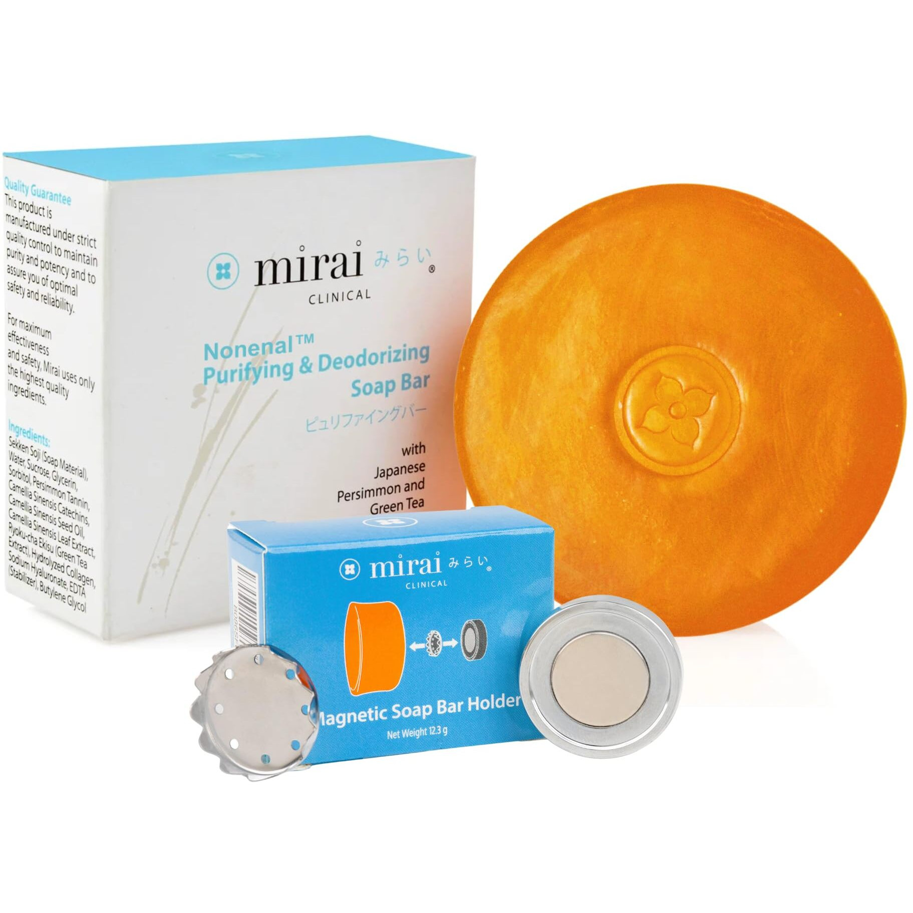 Mirai Clinical Persimmon Soap Bar With Magnetic Soap Holder - Nonenal Body Odor Eliminator For Women And Men, Personal Care Solution With Easy To Install Magnetic Bar Soap Holder For Shower Wall
