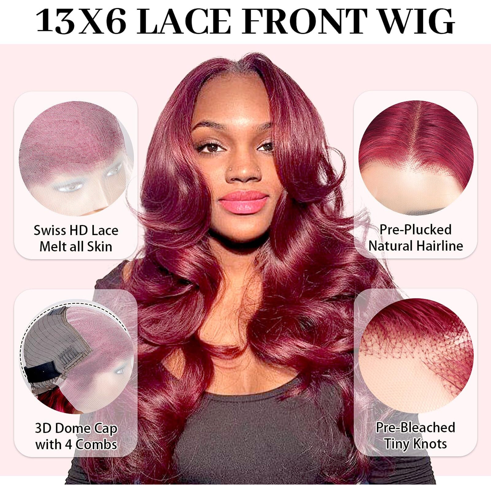 Wolfay 28 Inch 13X6 Burgundy Hd Lace Front Wigs Human Hair Body Wave 13X6 Transparent Frontal Wigs Pre Plucked Natural Hairline 180% Density Glueless Human Hair Wig For Women Daily Party 99J