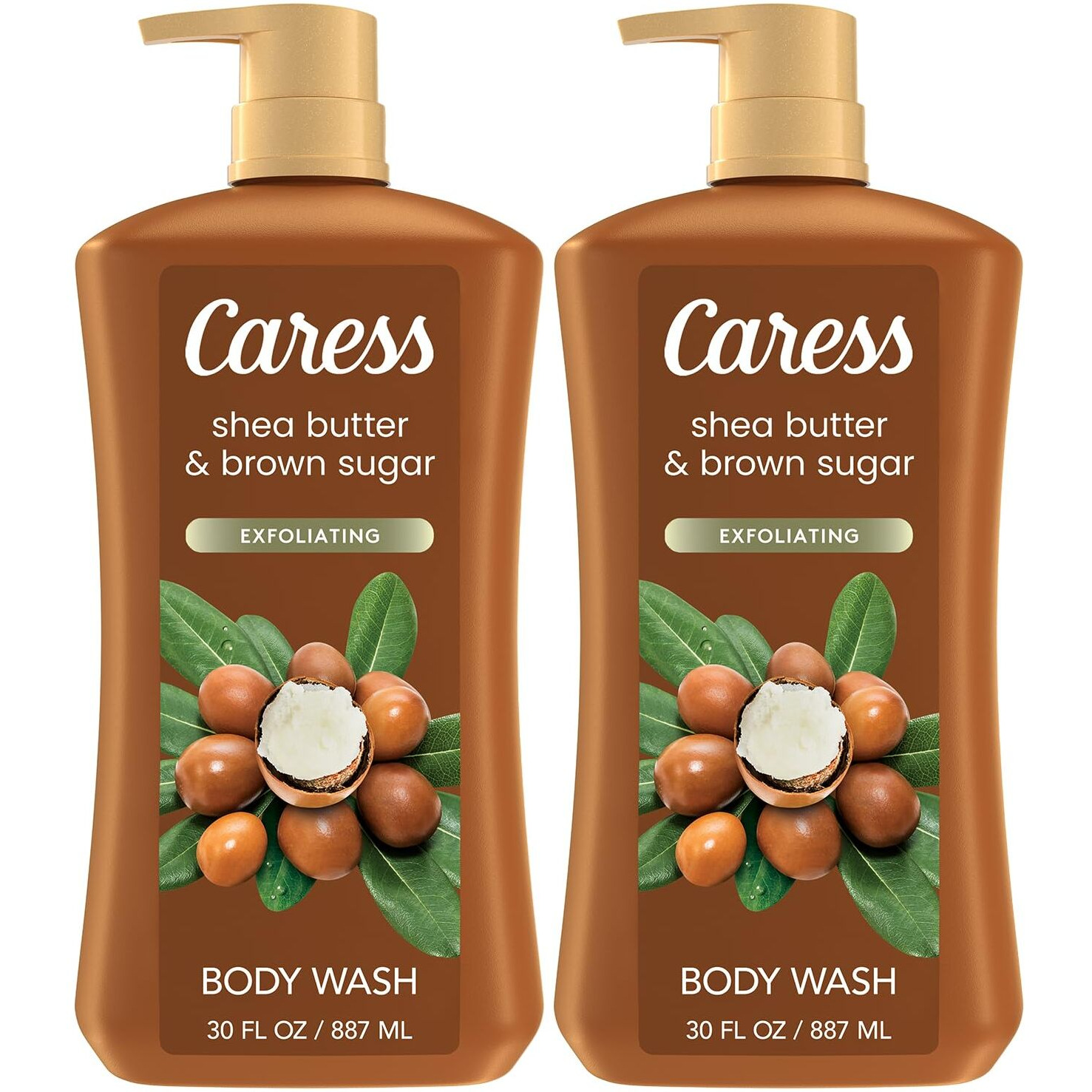 Caress Body Wash, Shea Butter & Brown Sugar 2-Pack, Moisturizing Body Wash For Gorgeous, Radiant Skin, Exfoliating Body Soap Liquid, 30 Fl Oz