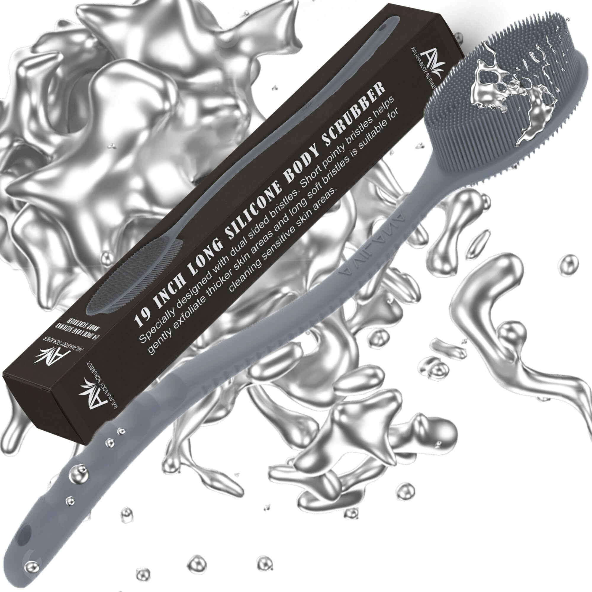 Avilana Silicone Body Scrubber - Silver-Infused Gentle Shower Brush & Loofah Alternative - Fast-Drying, Bpa-Free Silicone Body Exfoliator For Sensitive Skin - For Men & Women (Dark Gray, Long Handle)