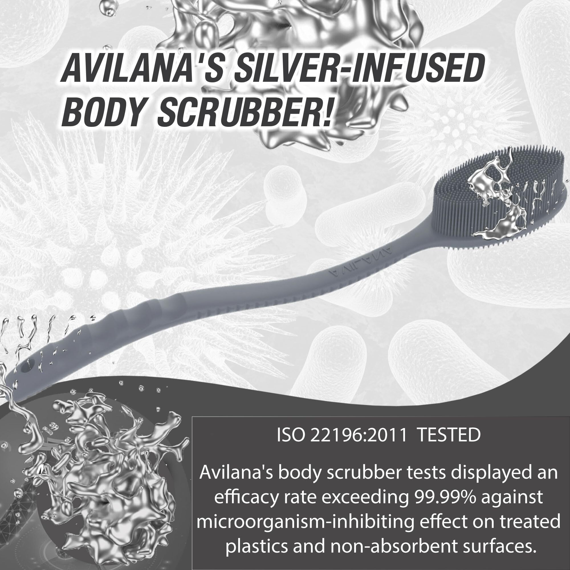 Avilana Silicone Body Scrubber - Silver-Infused Gentle Shower Brush & Loofah Alternative - Fast-Drying, Bpa-Free Silicone Body Exfoliator For Sensitive Skin - For Men & Women (Dark Gray, Long Handle)