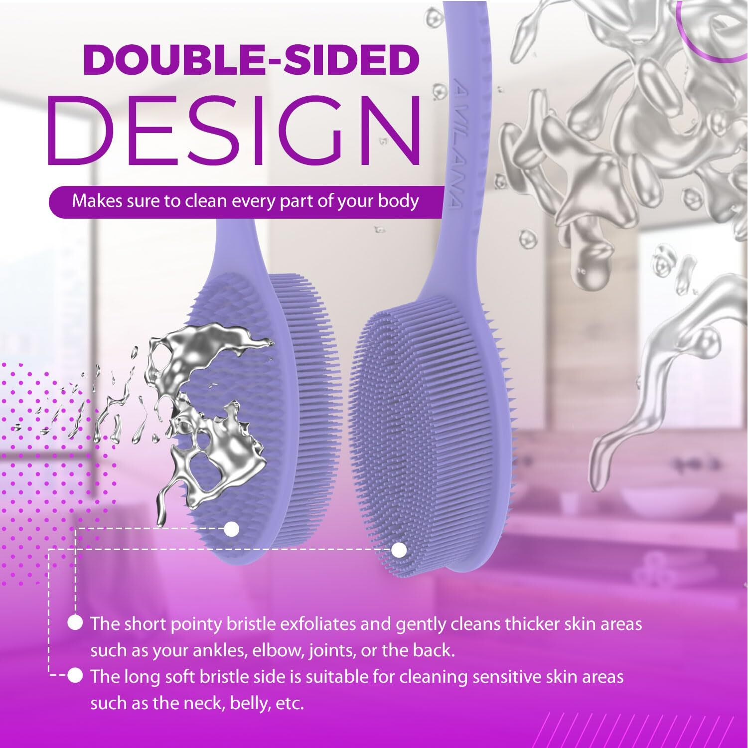 Avilana Silicone Body Scrubber - Silver-Infused Gentle Shower Brush & Loofah Alternative - Fast-Drying, Bpa-Free Silicone Body Exfoliator For Sensitive Skin - For Men & Women (Dark Gray, Long Handle)