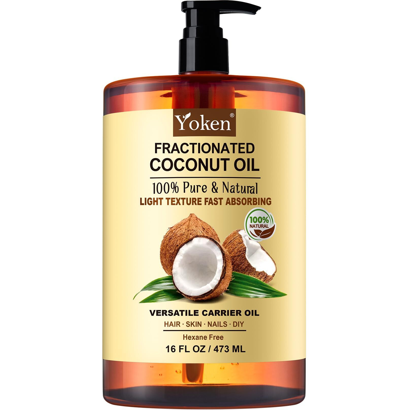 Yoken Fractionated Coconut Oil For Skin 16 Oz, 100% Pure & Natural Liquid Coconut Oil, Moisturizer For Hair, Face, Body, Carrier Oil For Essential Oils Mixing, Massage, Hexane Free, Unscented