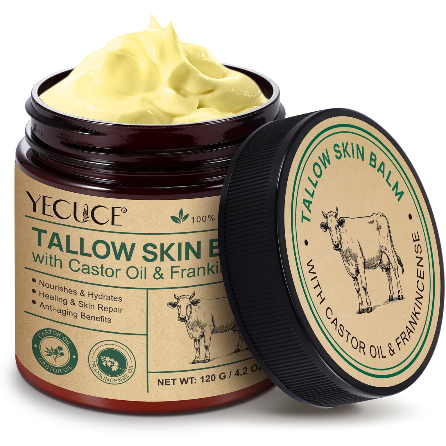 Fjlvcwnt Tallow Skin Balm With Castor Oil & Frankincense Oil, Frankincense Balm- Deep Repair Skin Cream For Dry, Cracked Hands, Face & Body - Grass-Fed, Organic, All-Natural Moisturizer, 120G/4.2 Oz