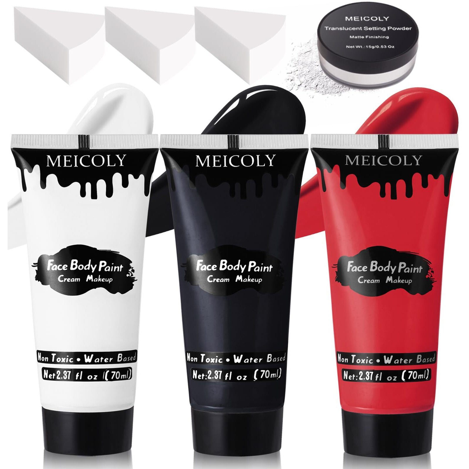 Meicoly Black White Red Face Body Paint With Setting Powder And Sponges,Clown White Devil Joker Face Paint Makeup,Waterbased Body Paint,Halloween Face Painting For Vampire Skeleton Spiderman