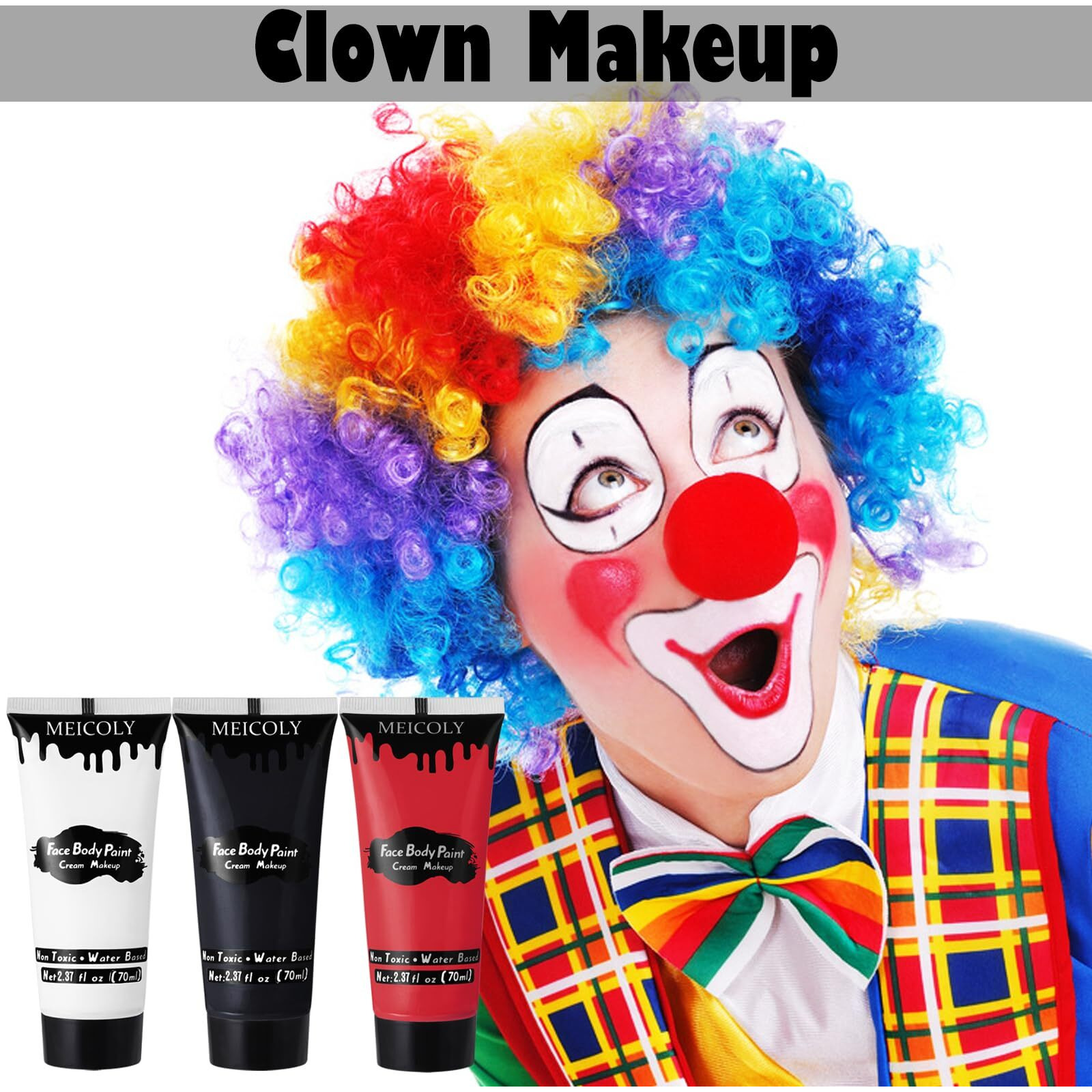 Meicoly Black White Red Face Body Paint With Setting Powder And Sponges,Clown White Devil Joker Face Paint Makeup,Waterbased Body Paint,Halloween Face Painting For Vampire Skeleton Spiderman