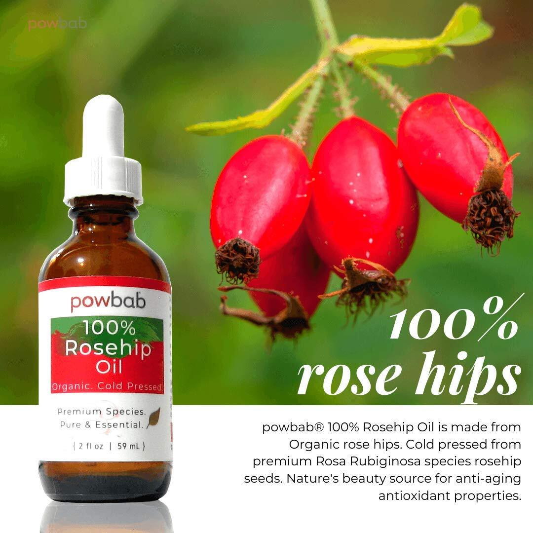 Powbab 100% Rosehip Oil - Organic, Cold Pressed From Premium Rosa Rubiginosa Rosehip Seed. Face And Body Oil For Skin, Hair, Nail Repair. Raw Pure E Oil For Scars. Wild, Fair Trade - 2 Oz.