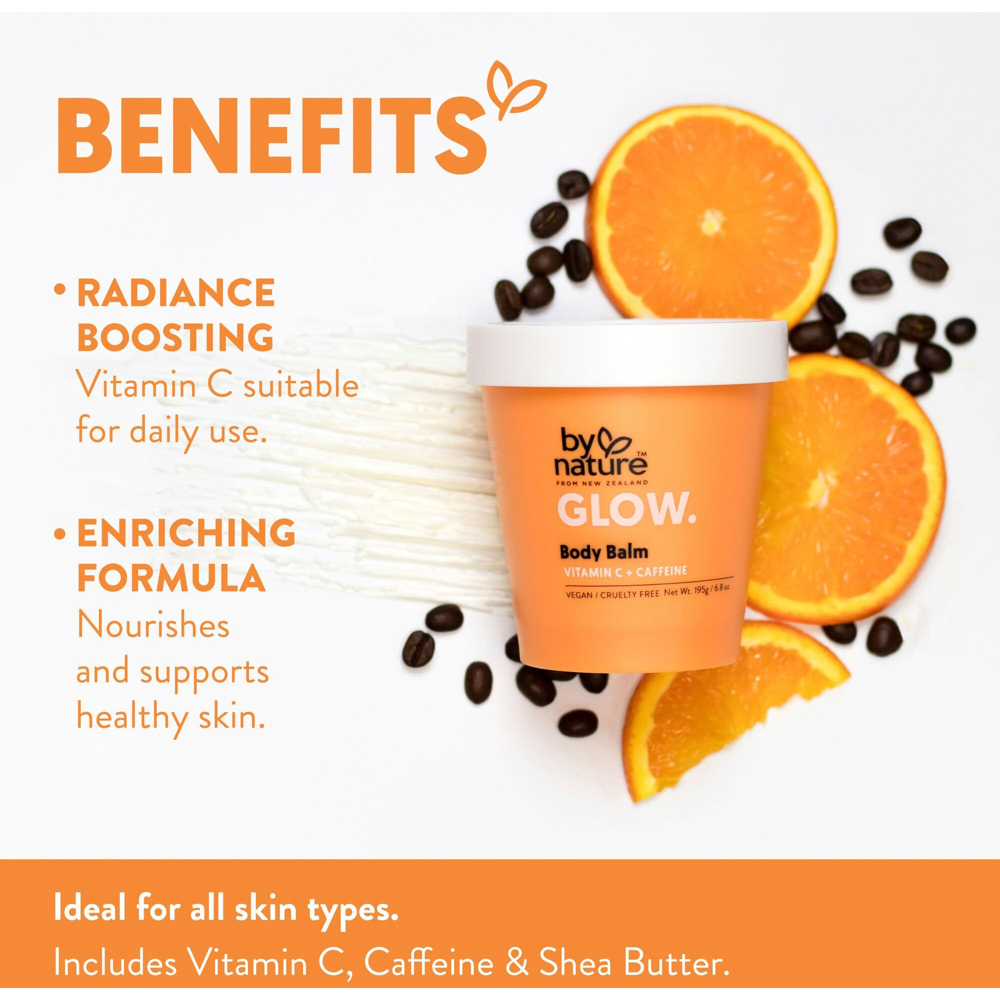 By Nature Glow Vitamin C + Caffeine Body Balm For Dark Spots - Hydrating Skin Moisturizer With Whipped Shea Butter - Vegan, Cruelty-Free, Made In New Zealand (6.8 Oz)