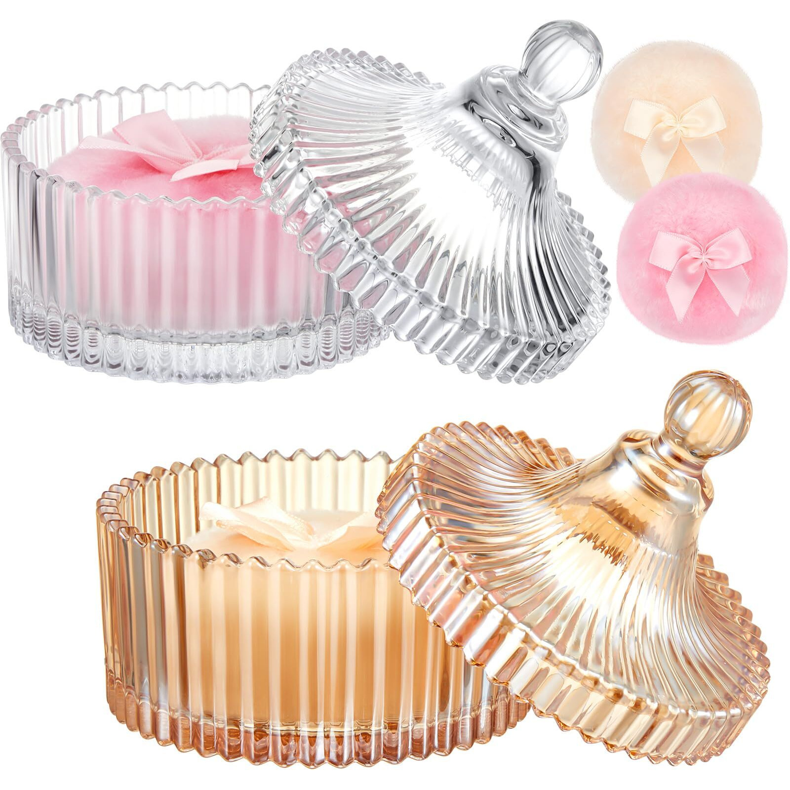 Tioncy 4 Pcs Large Body Powder Puff And Container Extra Large Body Powder Puff Dish Soft Washable Reusable Fluffy Makeup Sponge Wet Dry(Simple,Clear And Amber)
