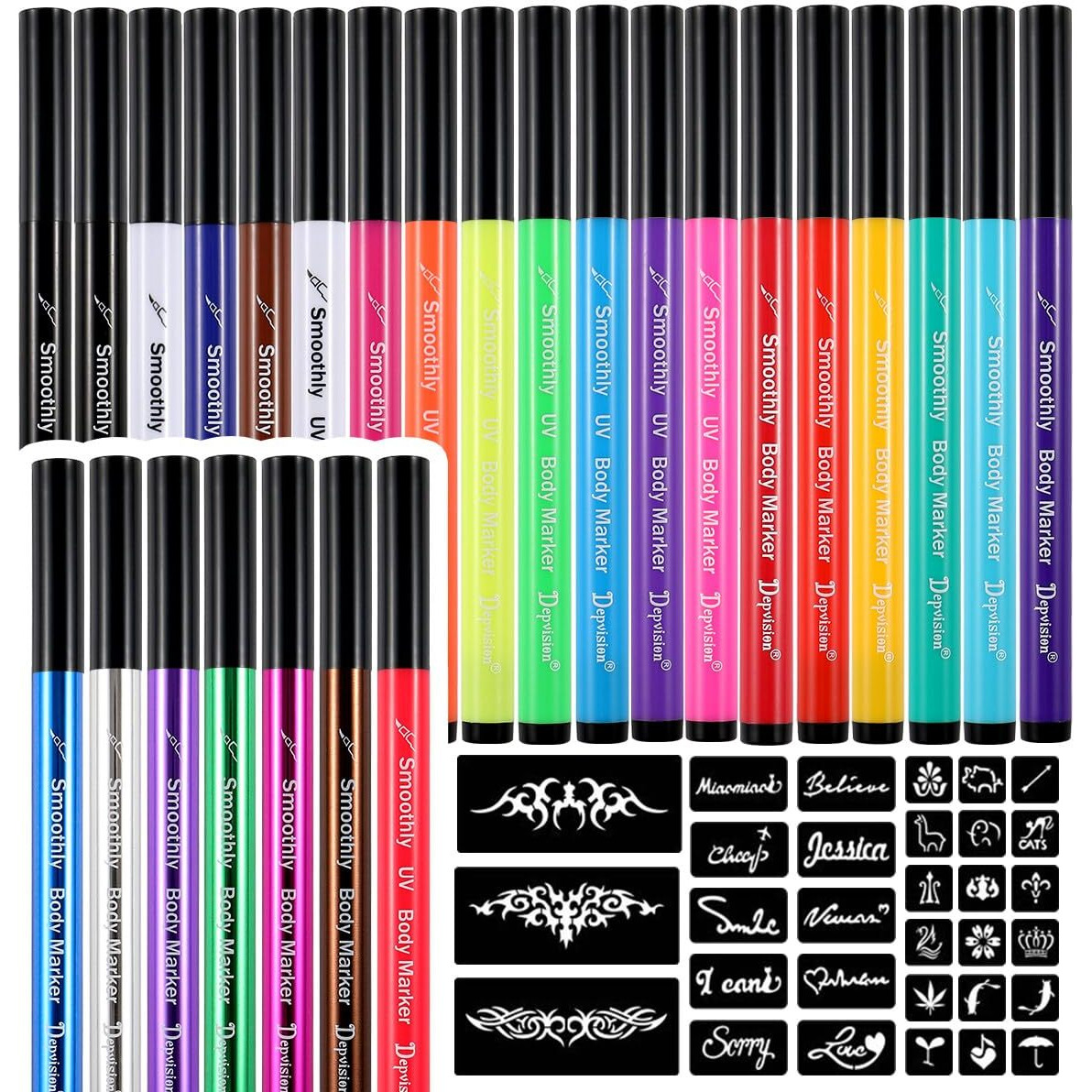 Body Marker Temporary Tattoo Markers Depvision 26 Colors Body Markers, 138 Pcs Large Tattoo Stencils For Kids And Adults,Glitter & Matte & Neon Glow, Skin-Safe Cosmetic Quality Long-Lasting