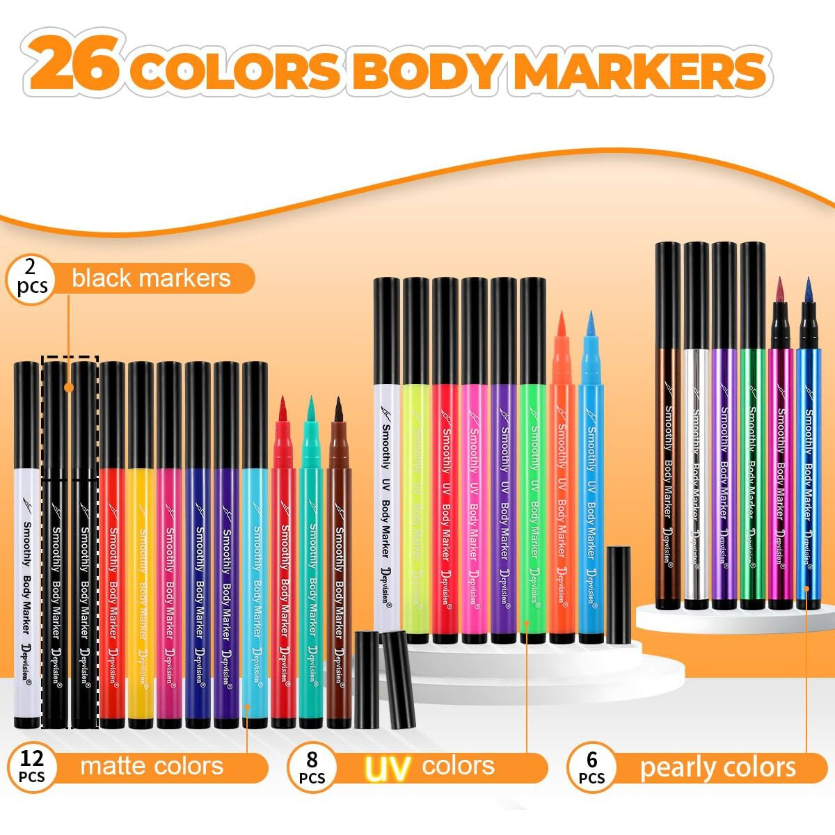 Body Marker Temporary Tattoo Markers Depvision 26 Colors Body Markers, 138 Pcs Large Tattoo Stencils For Kids And Adults,Glitter & Matte & Neon Glow, Skin-Safe Cosmetic Quality Long-Lasting