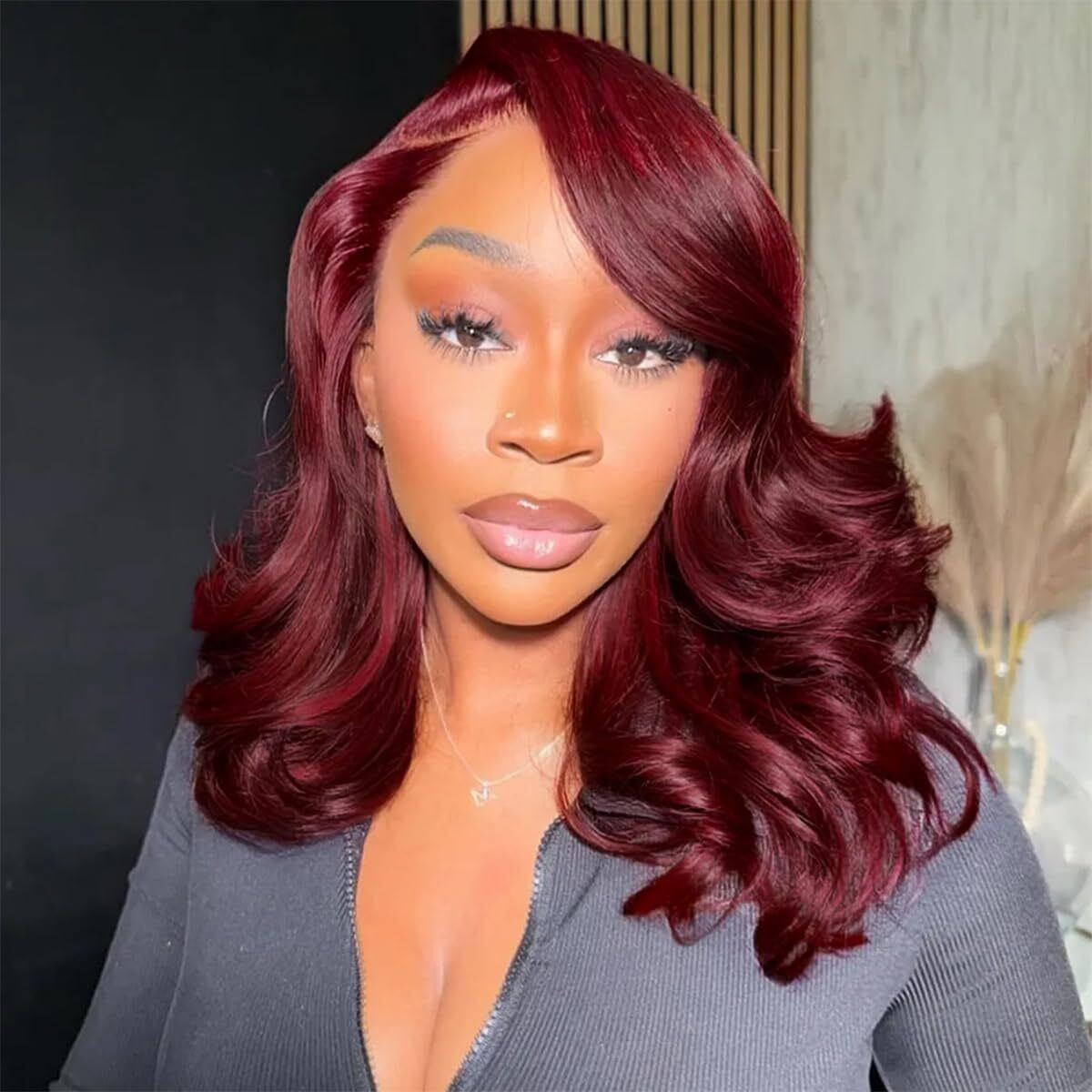 Tinashe Human Hair Wig Glueless Face-Framing Curtain Bangs Loose Body Wave 6  5 Hd Lace Front Bob Burgundy Red 99J Closure Wigs Human Hair Pre Cut Bleached Knots Wigs For Black Women Haircuts 18 Inches