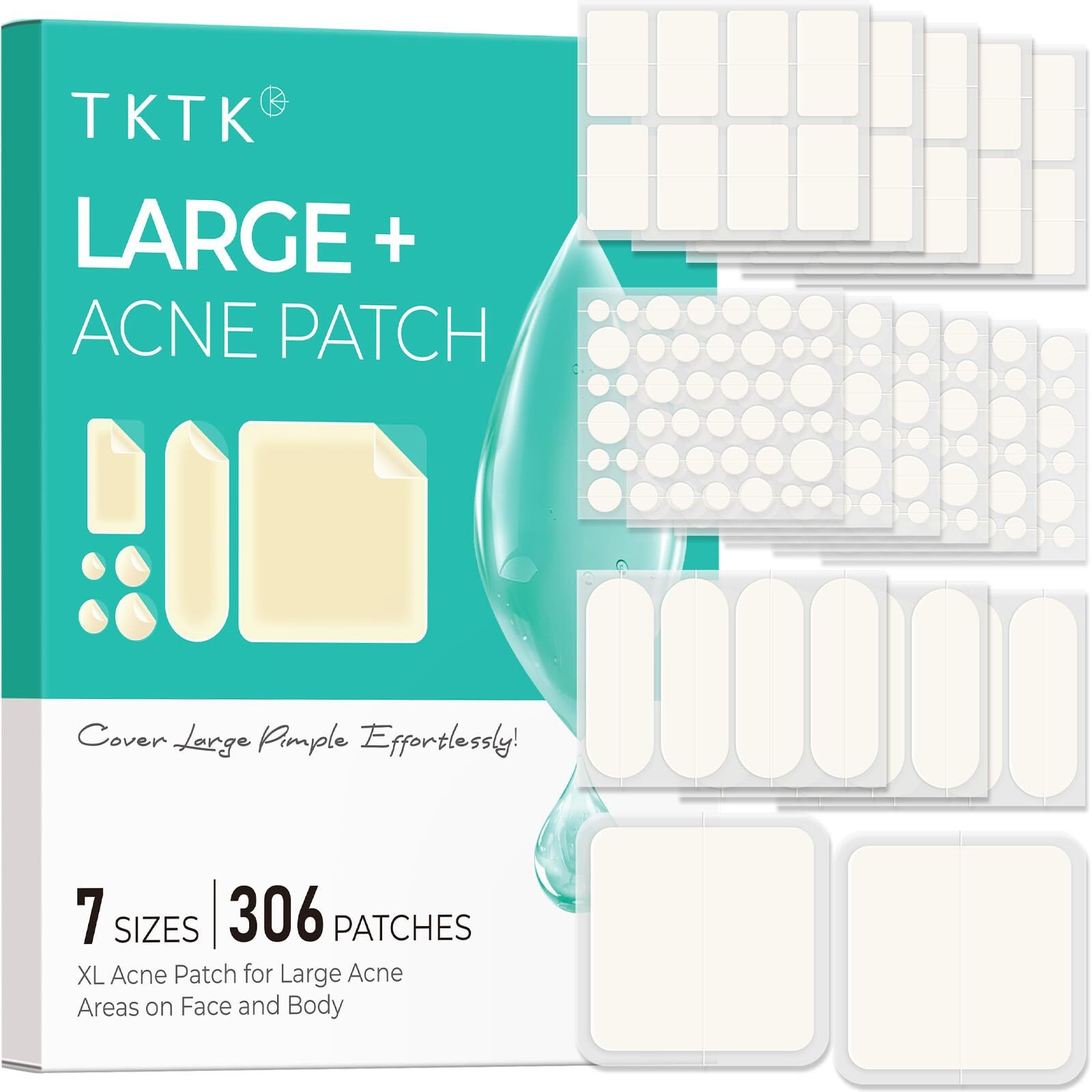 Large Acne Patches For Face, 7 Sizes Big Pimple Patches, Xl Hydrocolloid Bandages For Body, Chin, Forehead, Nose, Back Blemish Zit Breakouts, Hydrocolloid Patch (Square, Strip, Dot 306 Count)