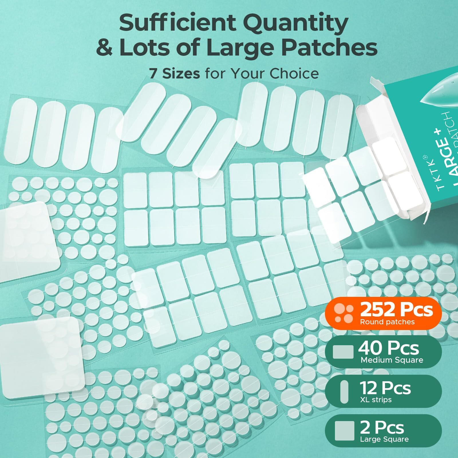 Large Acne Patches For Face, 7 Sizes Big Pimple Patches, Xl Hydrocolloid Bandages For Body, Chin, Forehead, Nose, Back Blemish Zit Breakouts, Hydrocolloid Patch (Square, Strip, Dot 306 Count)