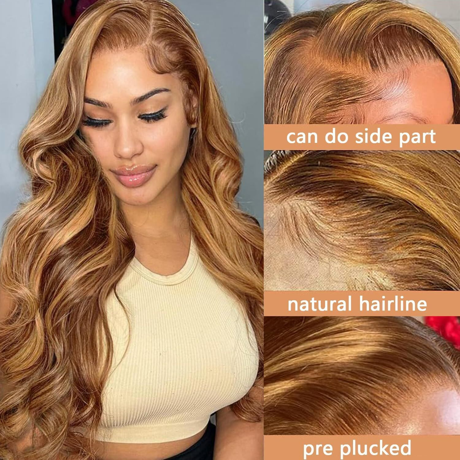 250% Density Highlight Ombre Lace Frontal Wig 13X6 Human Hair Honey Blonde Hd Lace Front Wig Pre Plucked With Baby Hair Brown 4/27 Colored Body Lace Front Wig Glueless For Women Natural Hairline