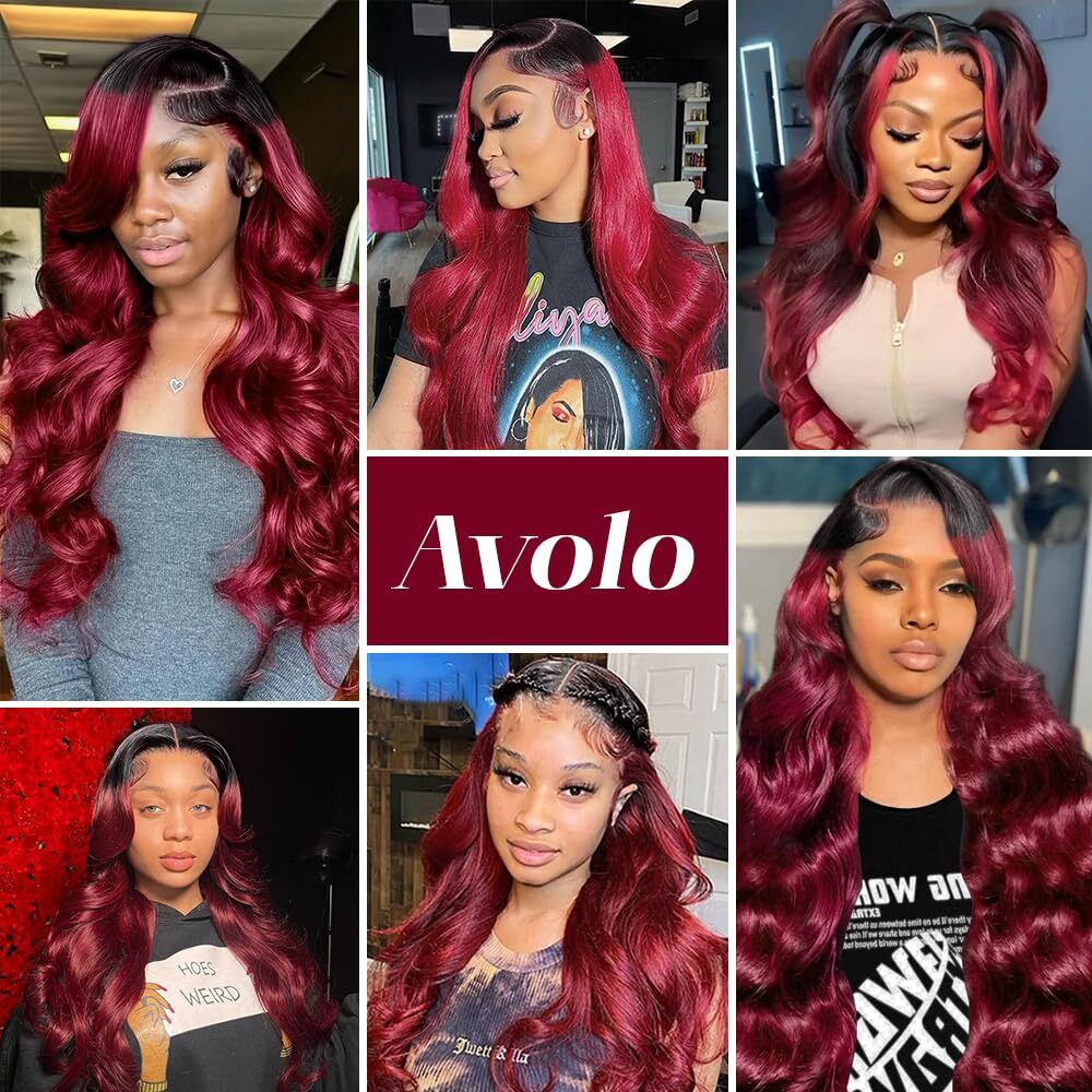 Avolo 26 Inch Ombre Lace Front Wig Human Hair 13X4 T1B/99J Burgundy Lace Front Wigs Human Hair Body Wave Wine Red Colored Frontal Wigs Human Hair 180% Density Ombre Human Hair Wig With Baby Hair