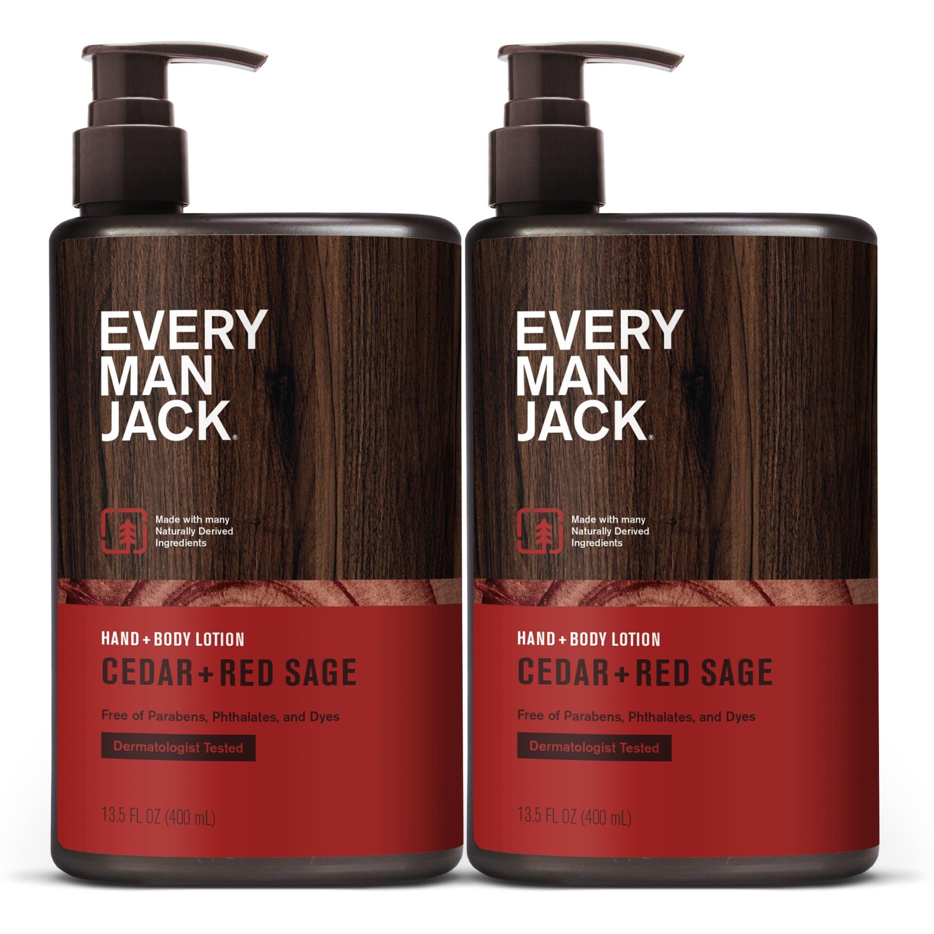 Every Man Jack Mens Cedar+ Red Sage Hand & Body Lotion For All Skin Types - Dermatologist Tested & Hypoallergenic - Nourish Skin With Lightweight Fast Absorbing Lotion - 13.5Oz (2 Pack)