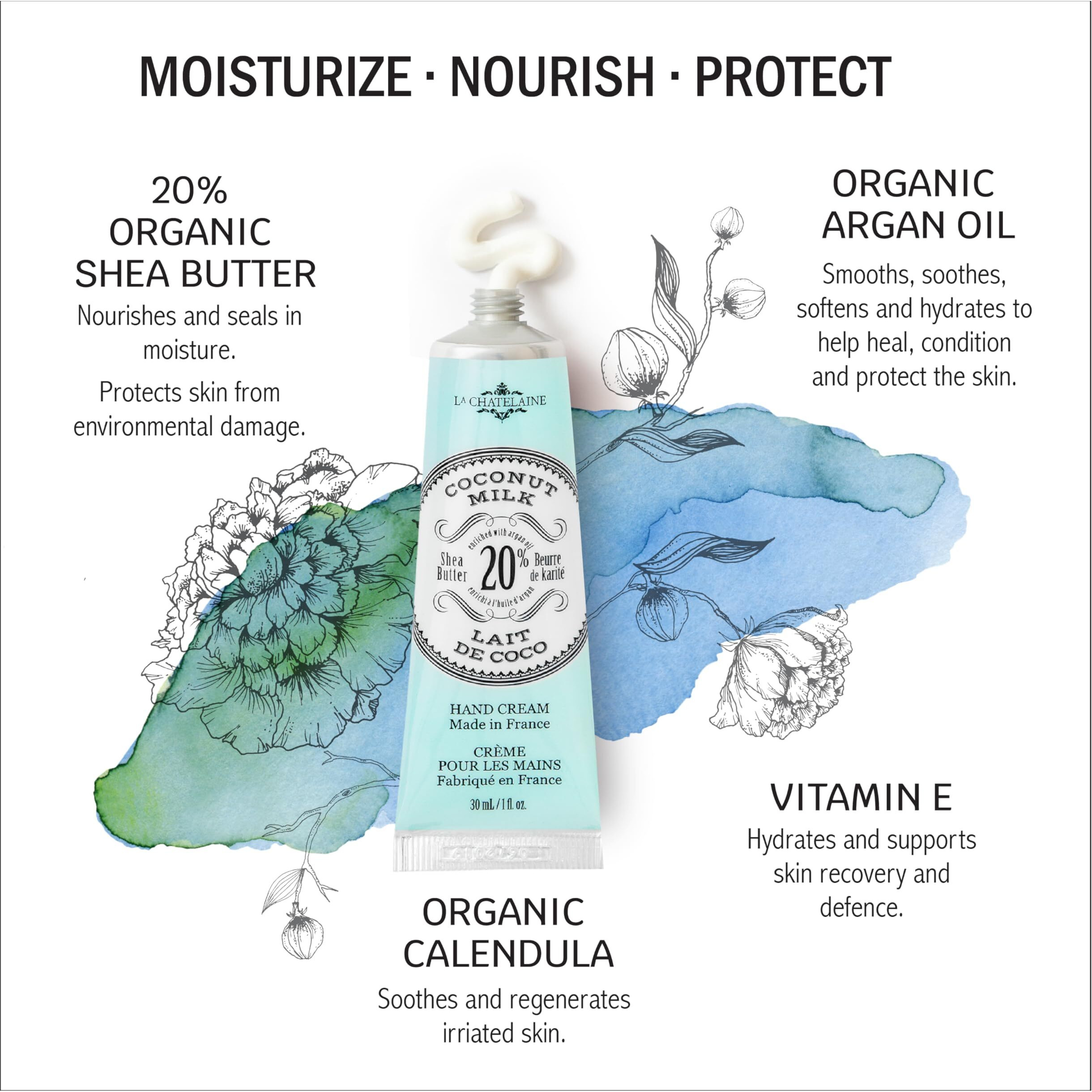 La Chatelaine 20% Shea Butter Hand Cream Travel Size, Organic Argan Oil, Moisturizing, Nourishing, Repairing, Extra-Rich Hand Lotion, Made In France, Paraben Free, 1 Oz / 30Ml (Coconut Milk)