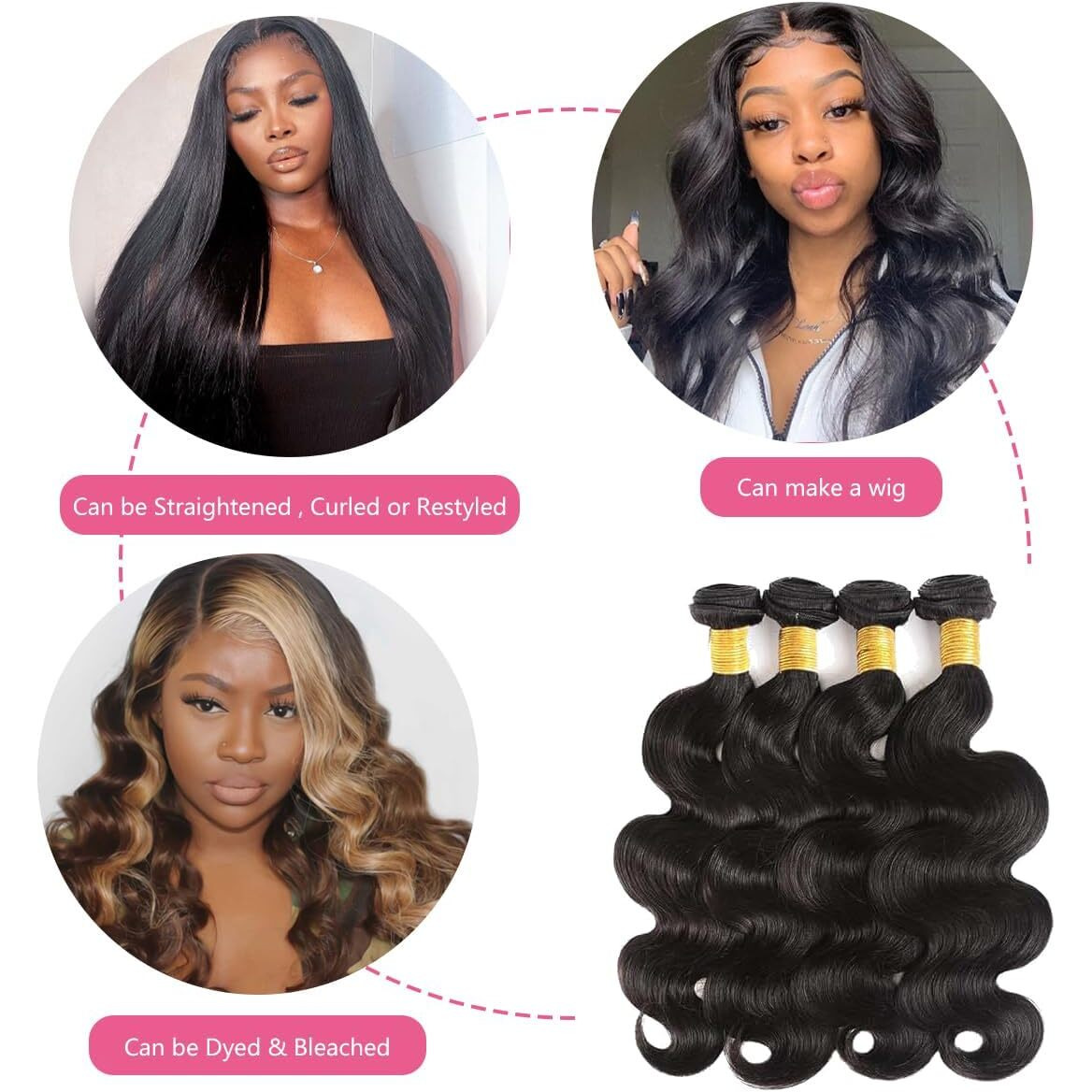 Body Wave Bundles Human Hair 8 10 12 14 Inch Human Hair Bundle 100% Unprocessed Brazilian Virgin Hair 4 Bundles Human Hair Extensions For Black Women Natural Color