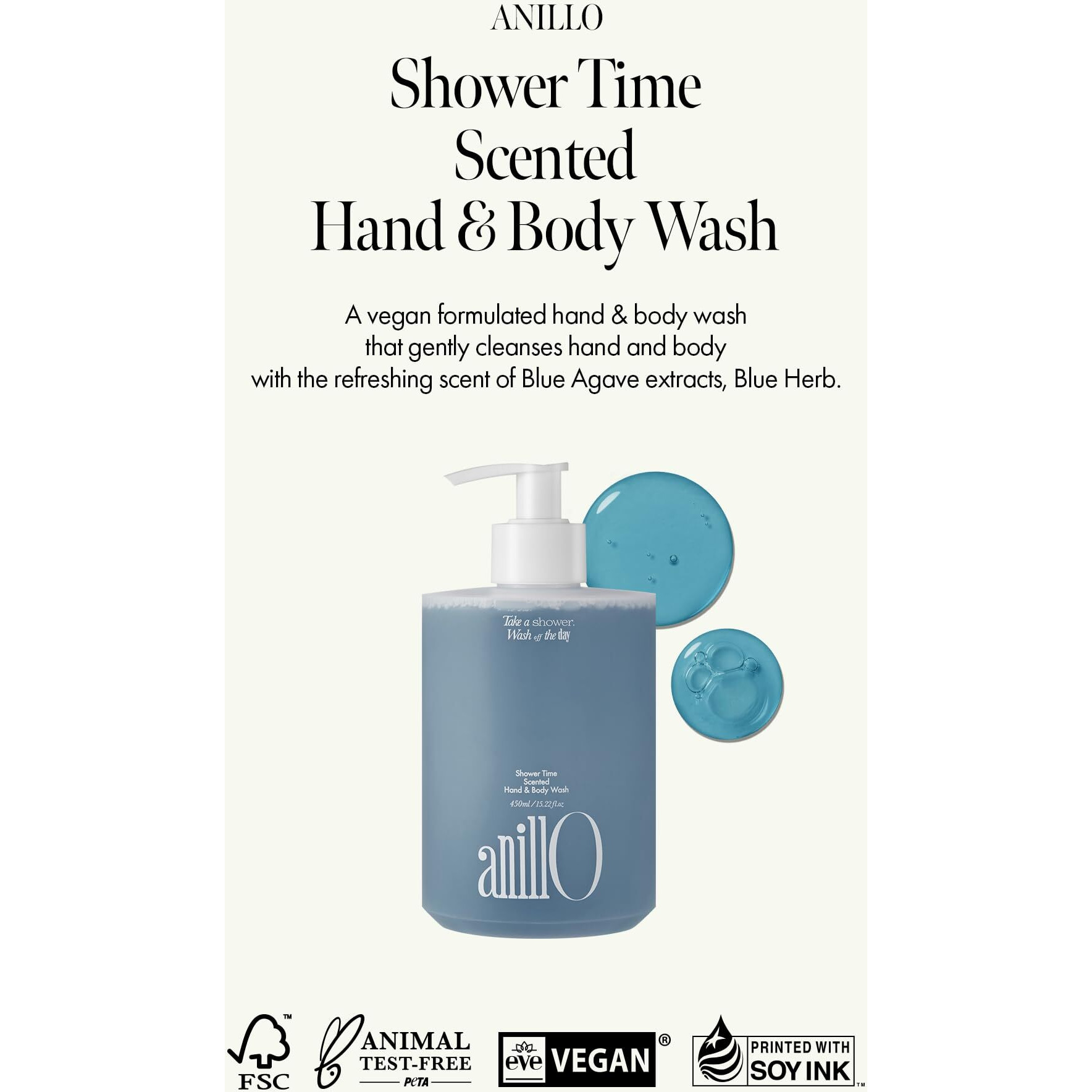 Shower Time Scented Body Wash - Vegan Hand & Body Cleanser With Ceramide & Botanical Oils, Blue Agave Scent, Free From Paraben, Sulfate, Silicone, 15.22 Fl.Oz