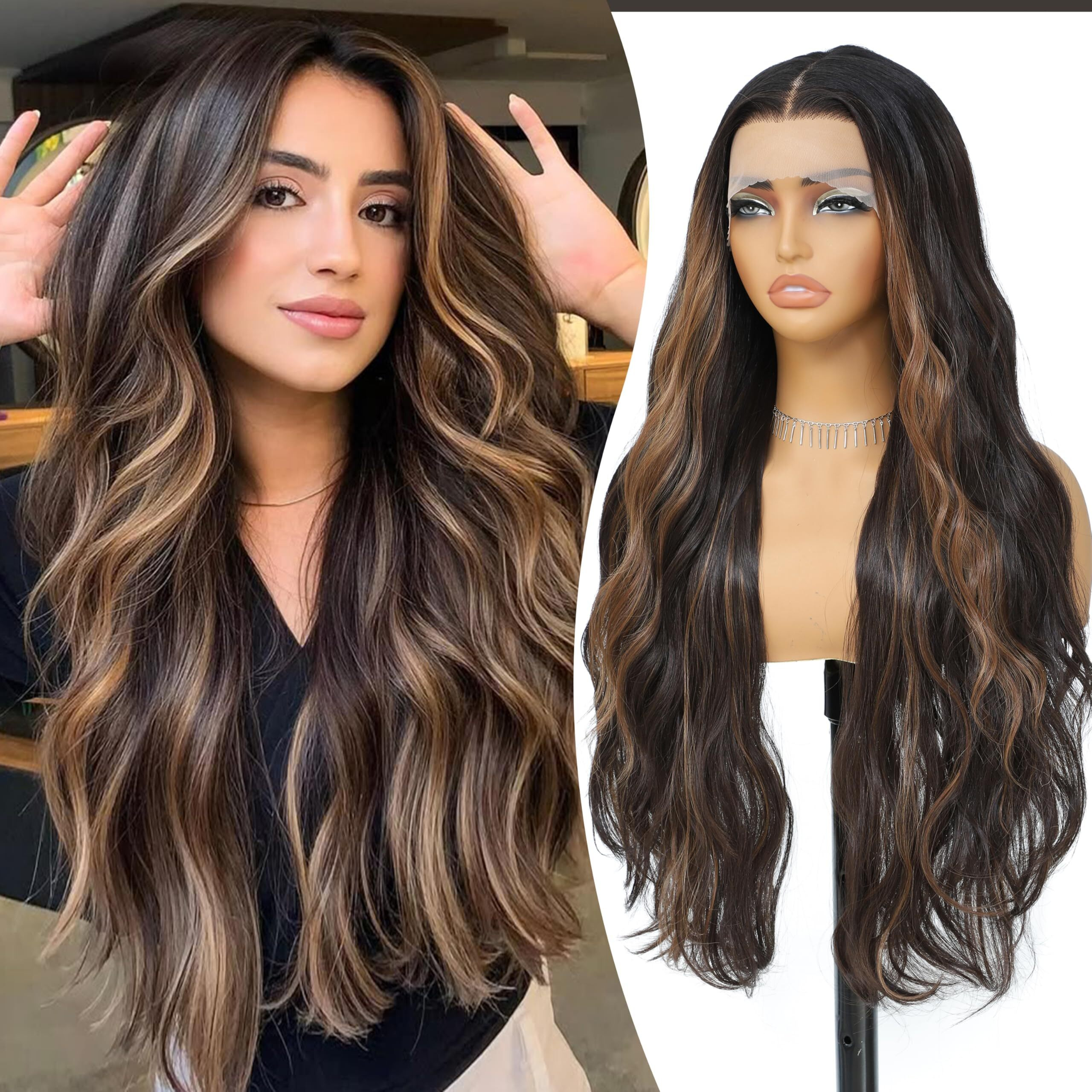 Skunk Synthetic Lace Front Wig 28 Inch Long Wavy Natural Wave Wigs 13  4  1 Pre Plucked Glueless Wig Synthetic Hair For Women Loose Body Wave With Natural Hairline Heat Resistant Synthetic Wavy Wig