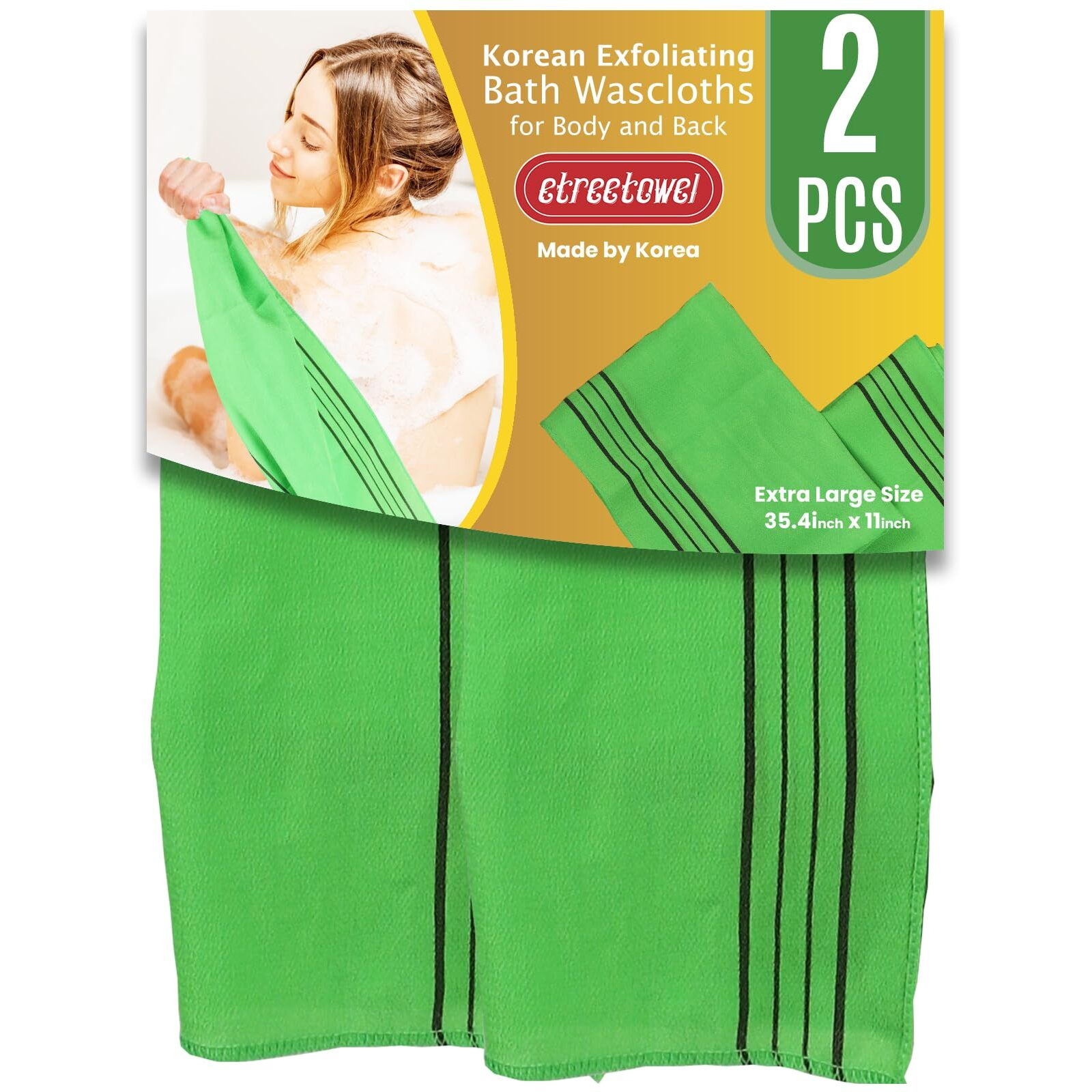 Etreetowel Extra Large Size 35.4"" X 11"" (2 Pcs) Korean Asian Exfoliating Bath Washcloths Mitt Scrub For Body And Back Washcloth Glove Viscose Rayon Towel For Soft Skin