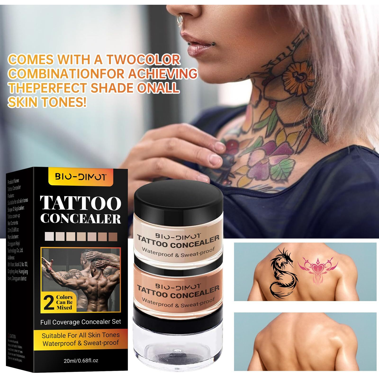 Dimot Tattoo Cover Up, 2 Colors Waterproof & Sweatproof Tattoo Cover Up Makeup, Invisible & Natural, Skin-Friendly Body Makeup Suitable For Tattoos, Scars, Spots & Vitiligo (1Pcs)