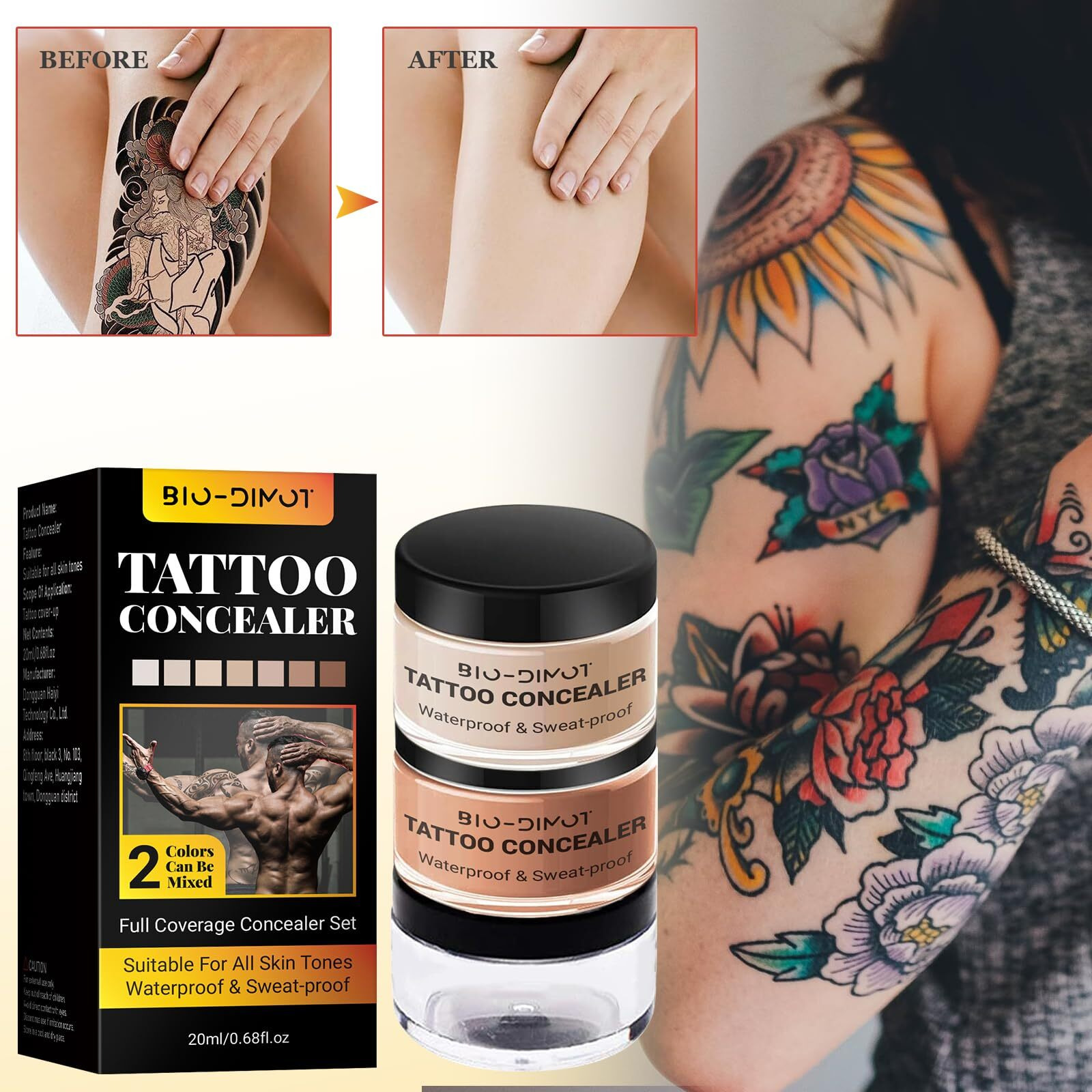 Dimot Tattoo Cover Up, 2 Colors Waterproof & Sweatproof Tattoo Cover Up Makeup, Invisible & Natural, Skin-Friendly Body Makeup Suitable For Tattoos, Scars, Spots & Vitiligo (1Pcs)