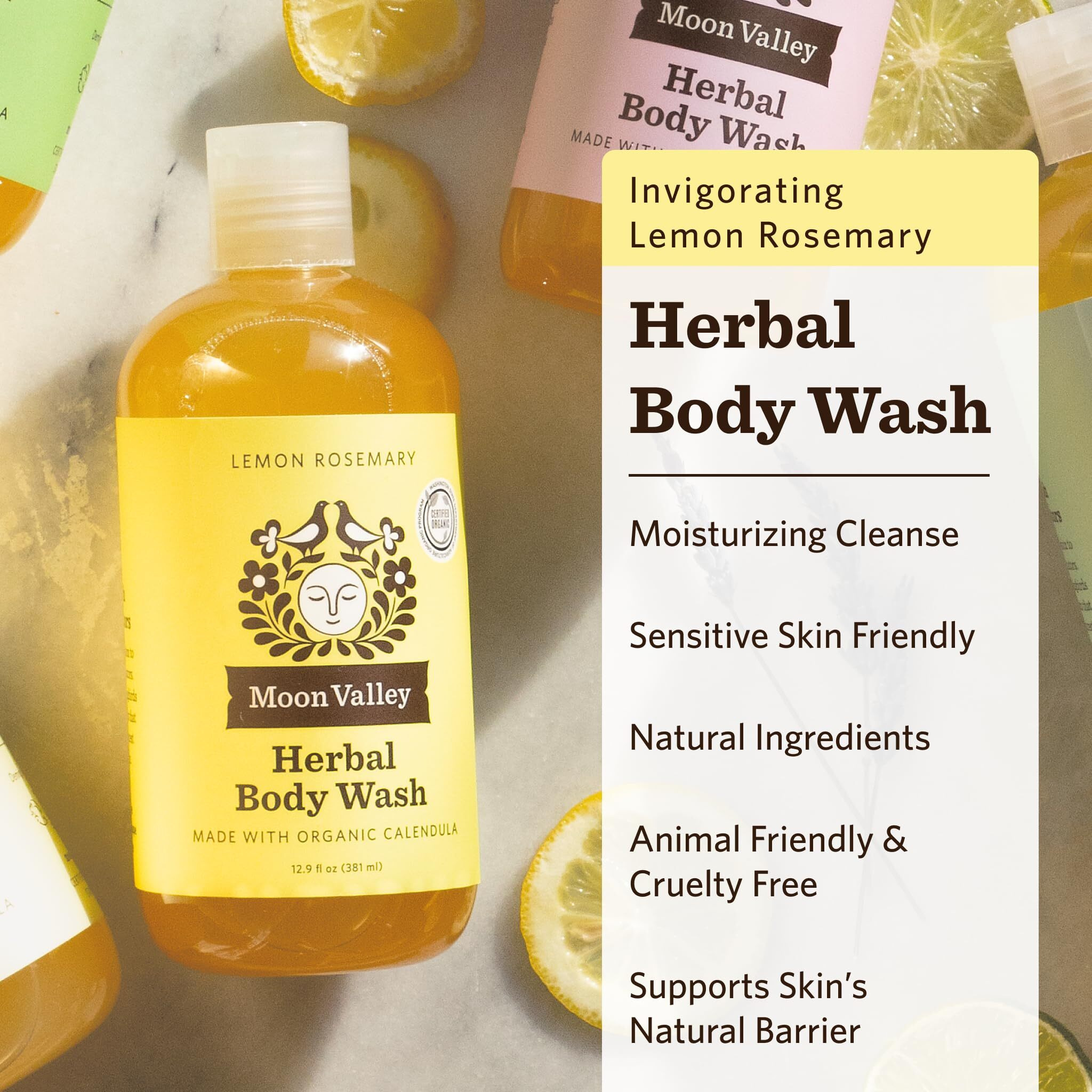 Herbal Body Wash, Lemon Rosemary By Moon Valley, All Natural Ingredients, No Parabens, Vegan, Moisturizing Essential Oils, Two Pack