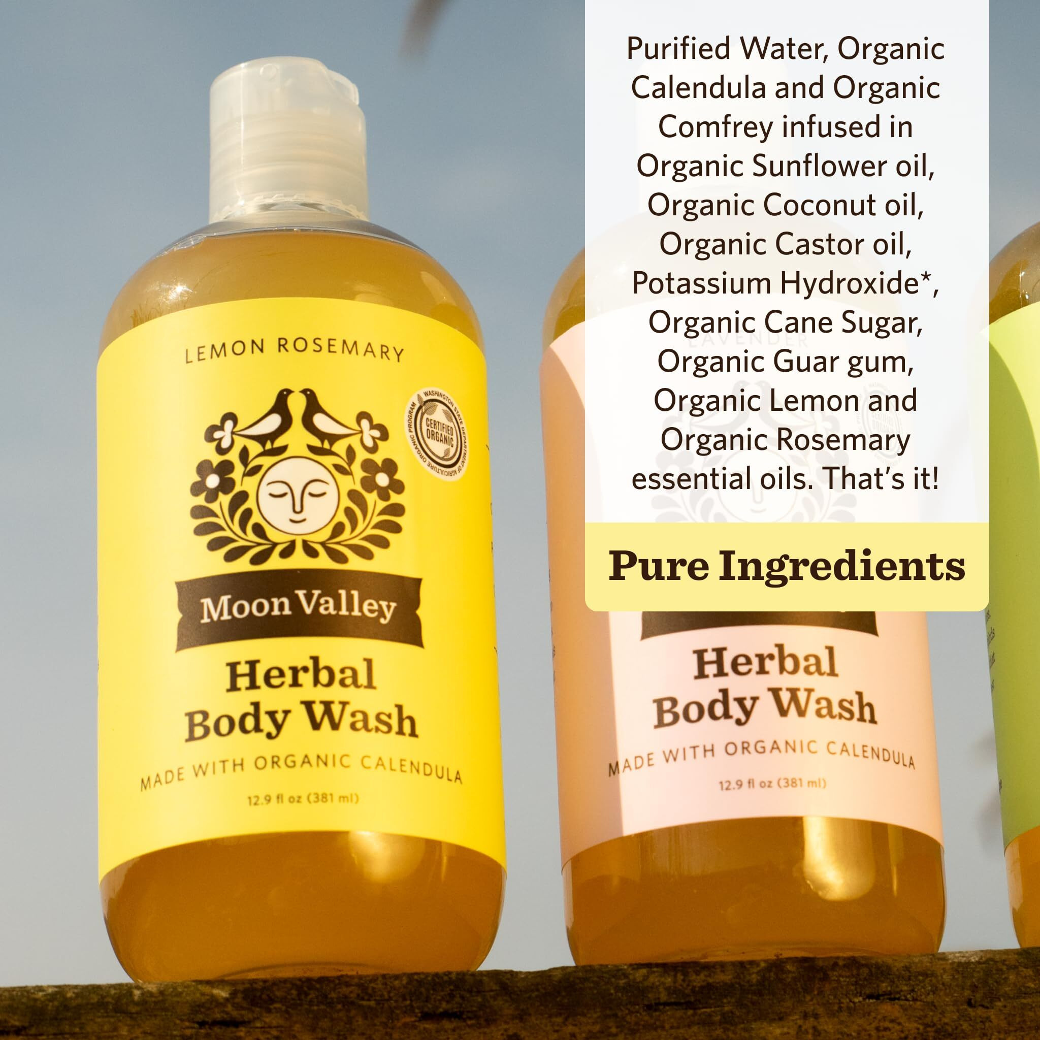 Herbal Body Wash, Lemon Rosemary By Moon Valley, All Natural Ingredients, No Parabens, Vegan, Moisturizing Essential Oils, Two Pack