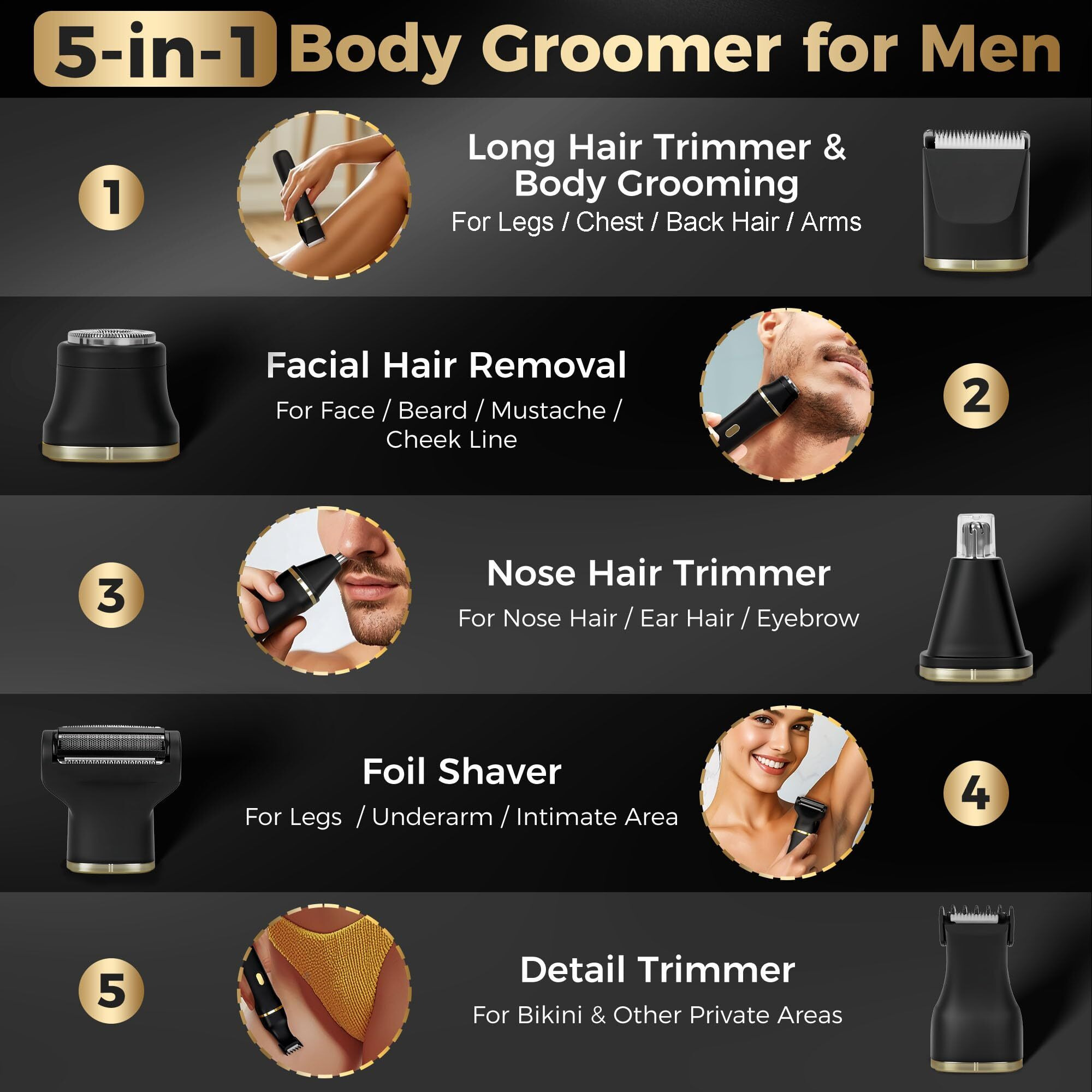 Bikini Trimmer For Women, 5-In-1 Waterproof Electric Razors For Women, Painless Pubic Hair Trimmer, Rechargeable Electric Shaver, Bikini Razor With Travel Case, Body Shaver & Face Nose Trimmer, Black