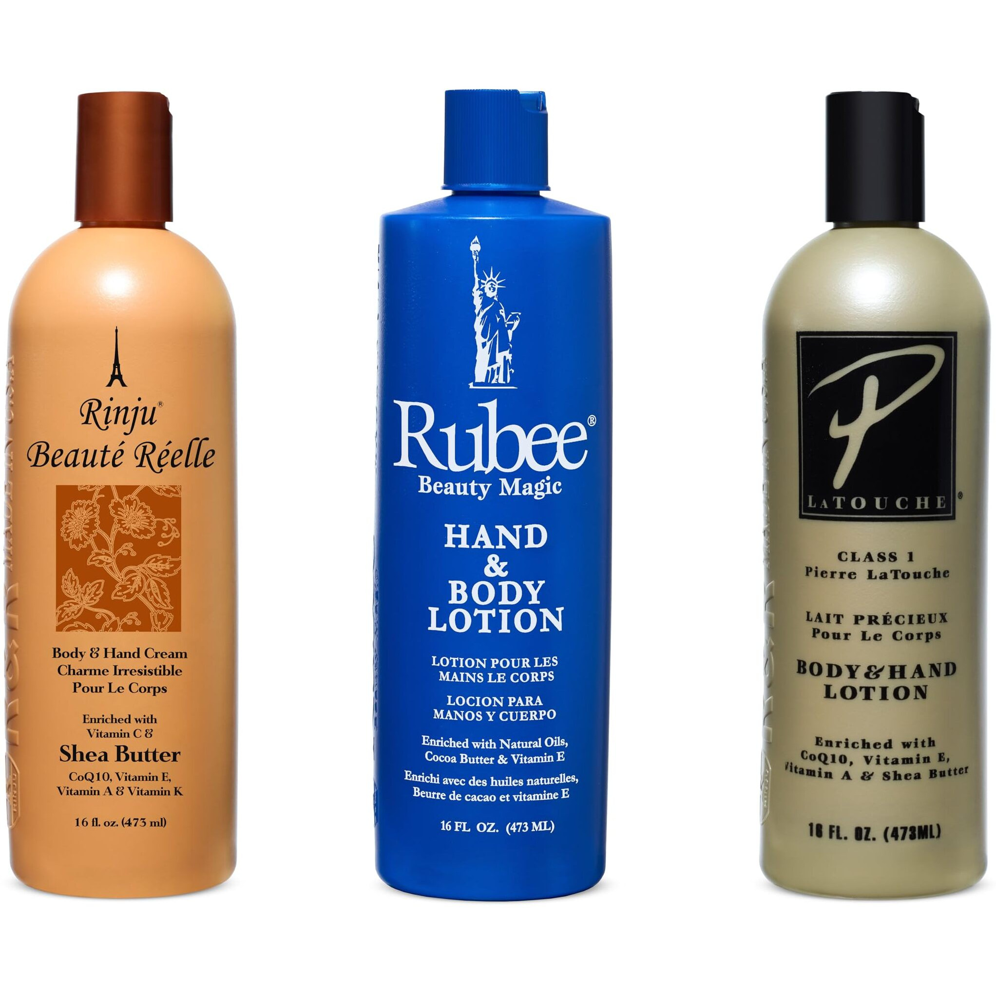 Rubee, Pierre La Touche & Rinju Beaute Reelle Lotion 16 Oz. (Set Of 3) With A Rinju Lotion 2Oz Rinju Shea Butter Lotion Bottle