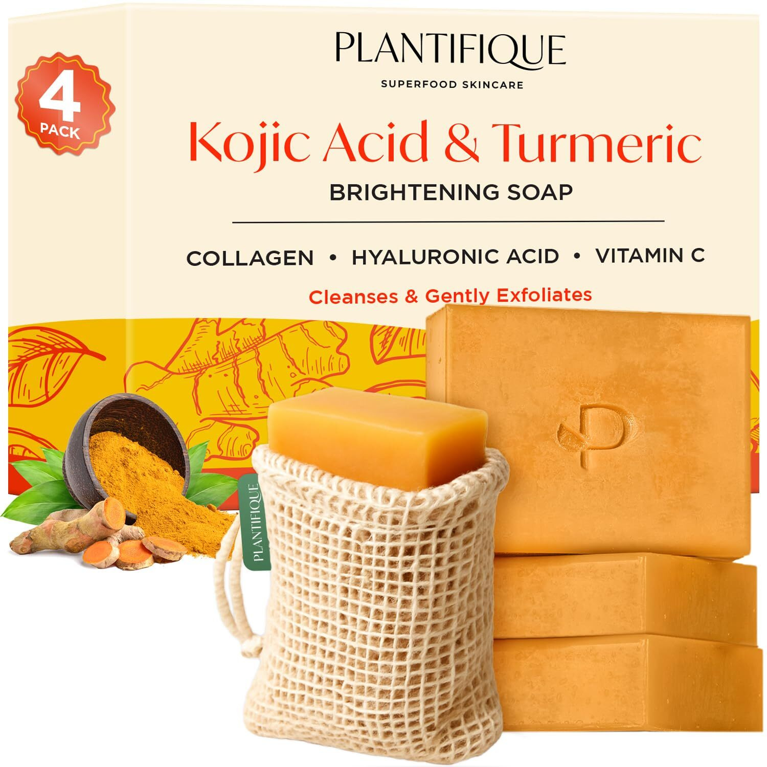 Plantifique Kojic Acid Soap For Hyperpigmentation - Turmeric Soap Bars With Hyaluronic Acid, Collagen & Vitamin C For Dark Spots - Face & Body Wash For Women & Men, Vegan Skincare, 320G/11.28 Oz