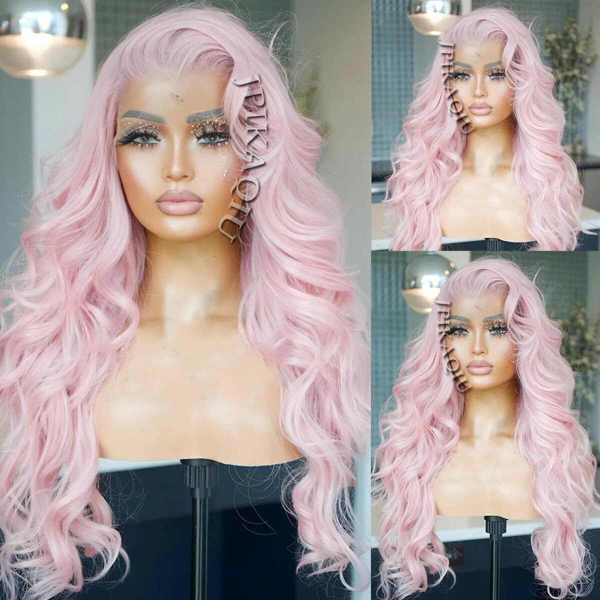 Jpikaqiu 24 Inch Ice Pink Hair Synthetic Lace Front Wigs Pre Plucked Light Pink Colored Lace Front Wig Natural Hairline Heat Resistant Long Body Wave Hair Wigs For Women