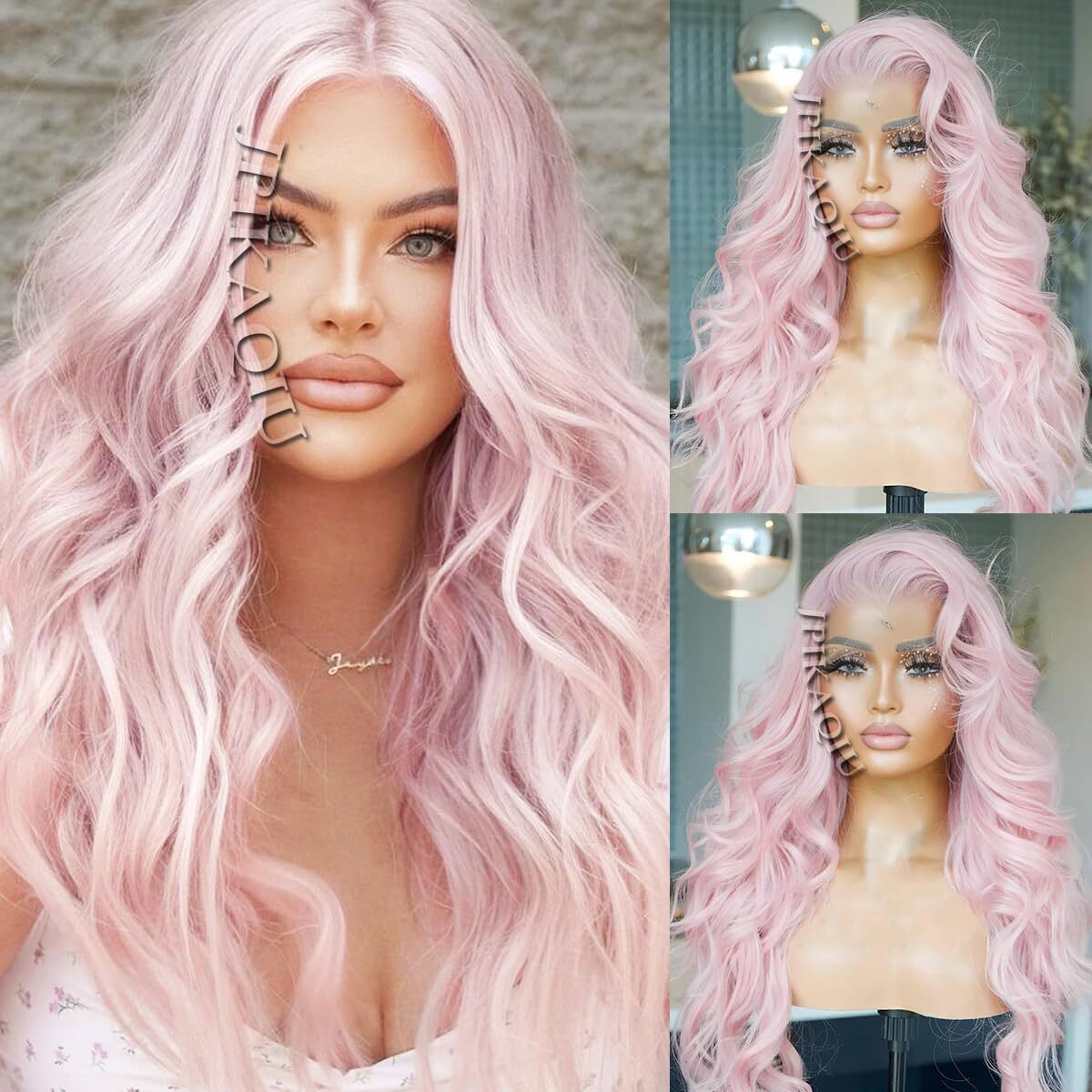 Jpikaqiu 24 Inch Ice Pink Hair Synthetic Lace Front Wigs Pre Plucked Light Pink Colored Lace Front Wig Natural Hairline Heat Resistant Long Body Wave Hair Wigs For Women