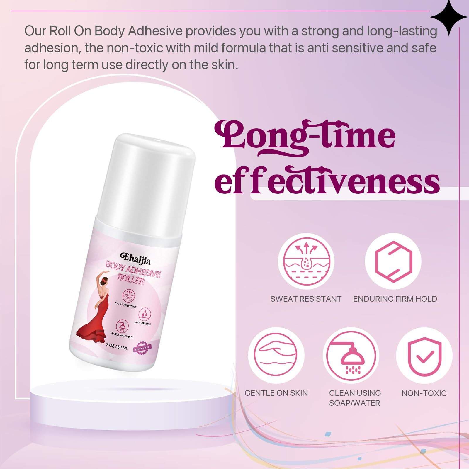 Ehaijia 2Pack Roll On Body Adhesive For Dancers, 2Oz Sweat Resistant And Adhesive Strength Body Glue, Non-Toxic Liquid Tape, Easy To Use & Remove, Greats For Clothing, Socks&Wigs And Not Irritate Skin