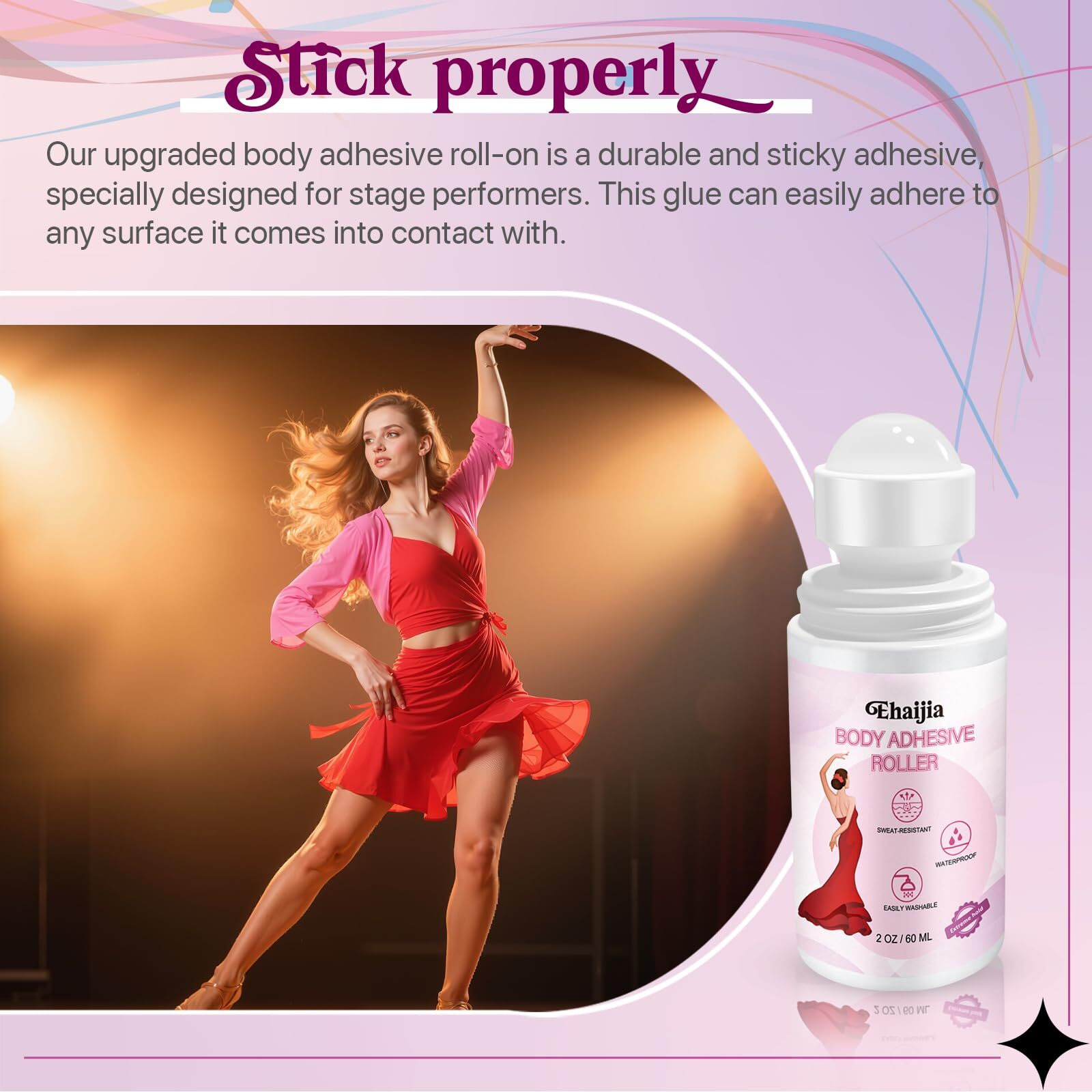 Ehaijia 2Pack Roll On Body Adhesive For Dancers, 2Oz Sweat Resistant And Adhesive Strength Body Glue, Non-Toxic Liquid Tape, Easy To Use & Remove, Greats For Clothing, Socks&Wigs And Not Irritate Skin