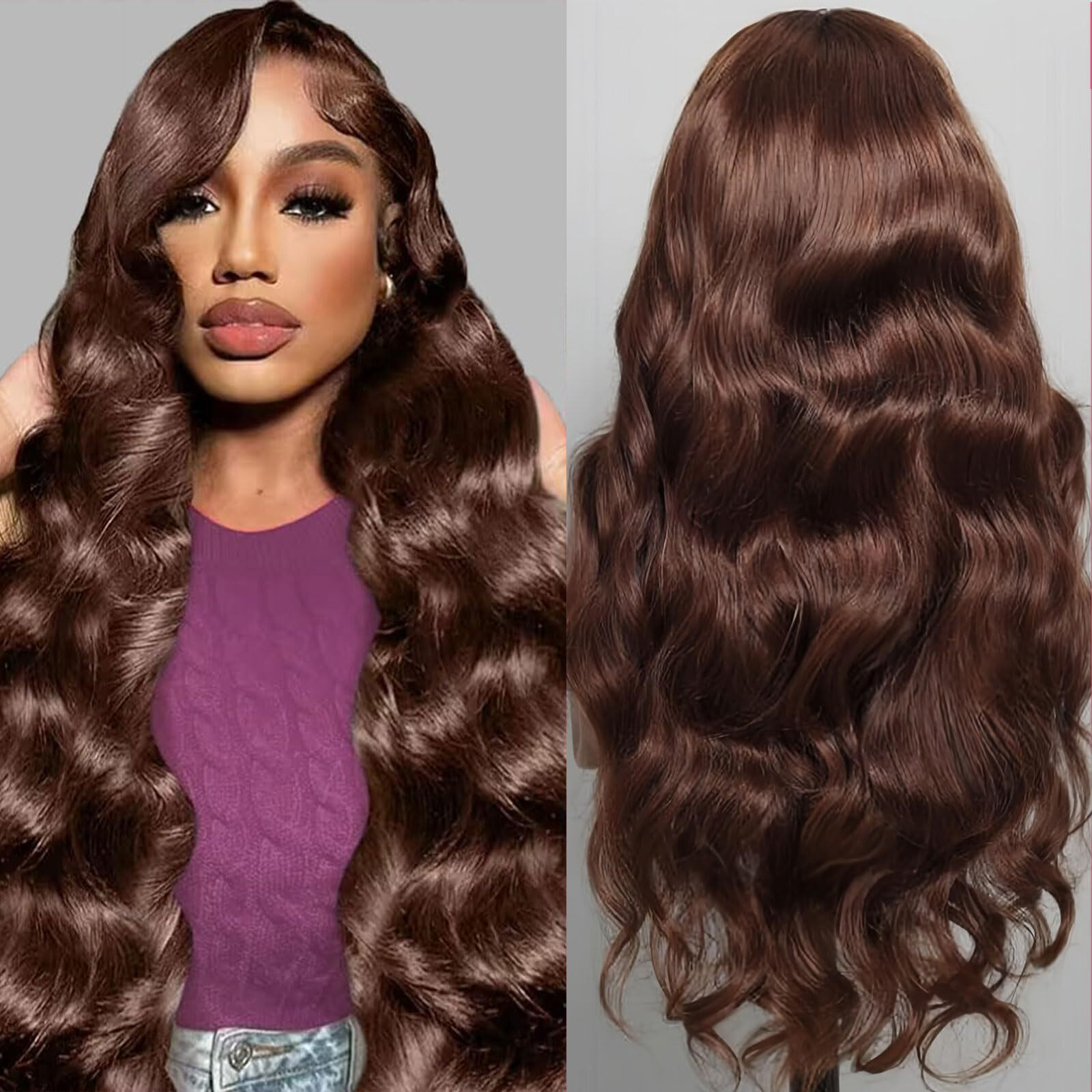 Migura 28 Inch Chocolate Brown Lace Front Wig 200 Density Body Wave Lace Front Wigs Human Hair Pre Plucked Chocolate Brown Human Hair Wig Colored 13X4 Hd Frontal Wigs For Women
