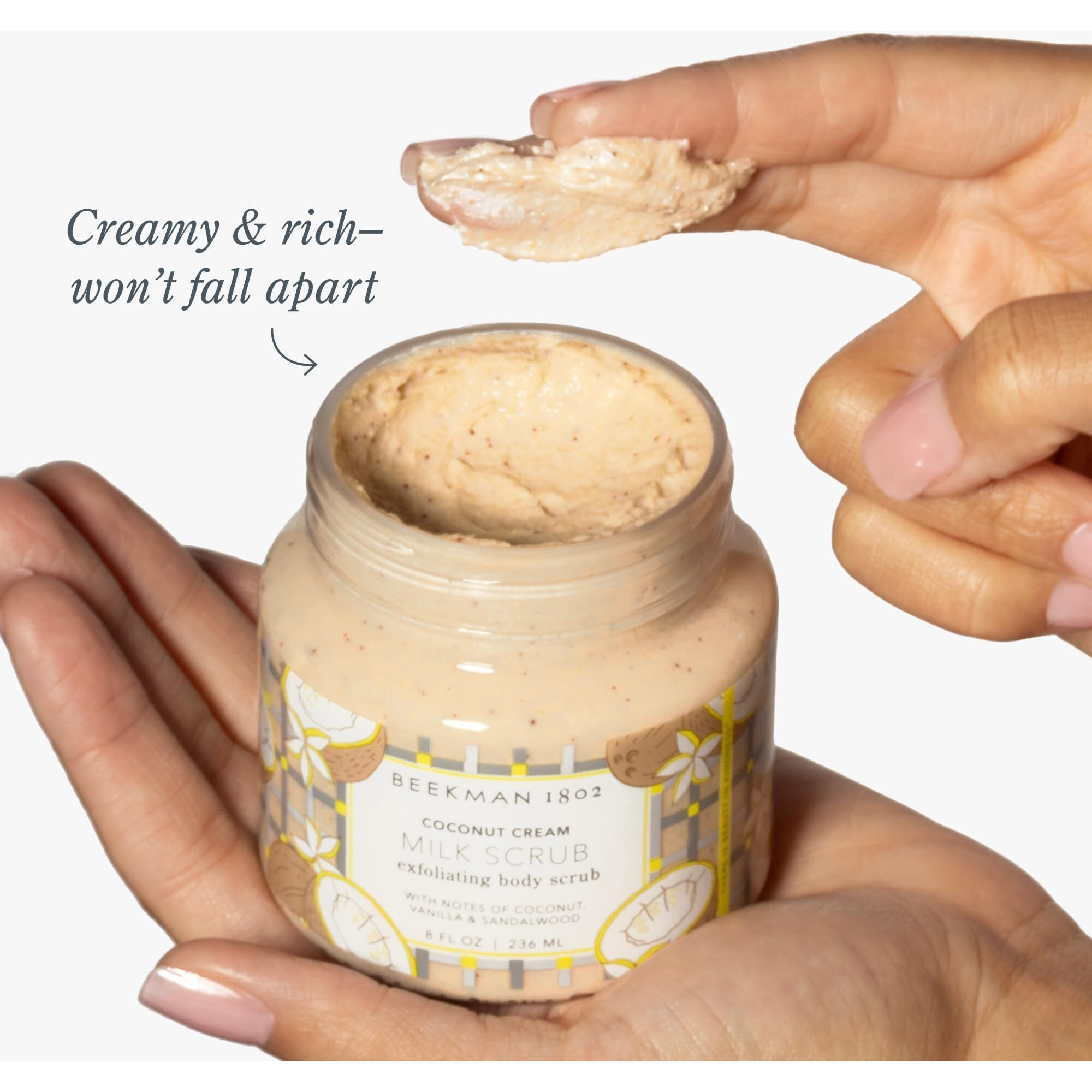 Beekman 1802 Coconut Cream Exfoliating Milk Body Scrub - 8.0 Fl Oz - Smooths Skin & Evens Out Tone - With Goat Milk & Jojoba Beads - Skin Barrier & Biome Safe - Good For Sensitive Skin - Cruelty Free