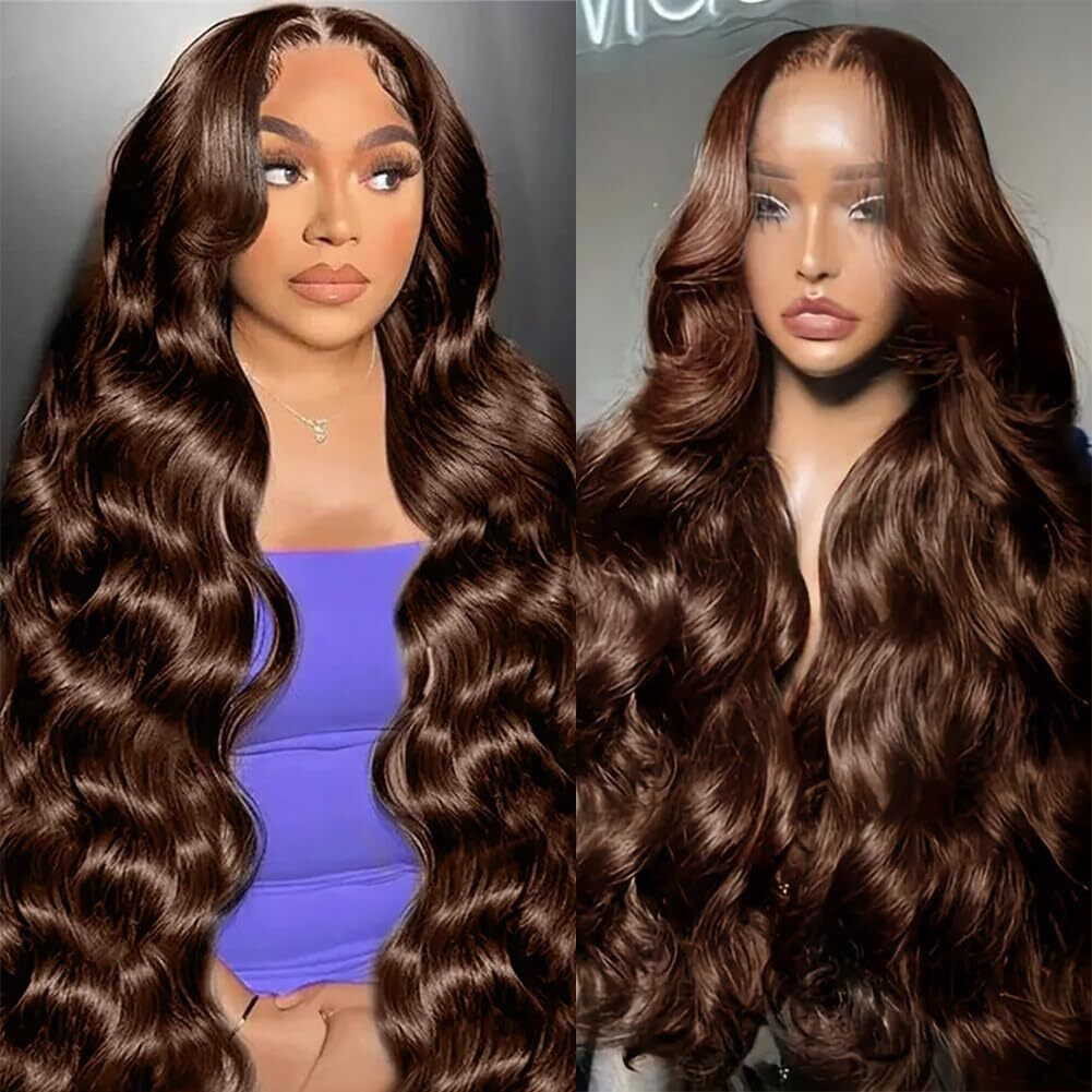 Kaithlypo Chocolate Brown Human Hair Wig Pre Plucked 34 Inch 13X6 Hd Colored Frontal Wigs 200 Density Brown Glueless Wig Body Wave Human Hair Wigs For Women