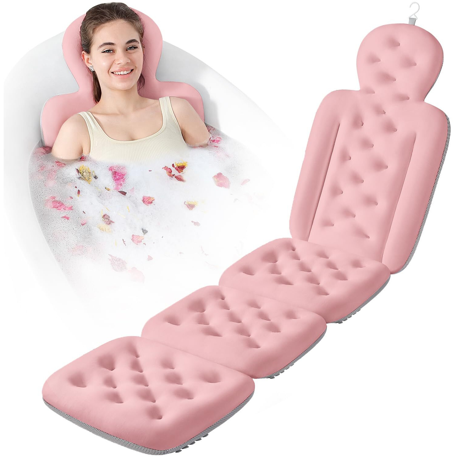 Luxury Bath Cushion, Full Body Bathtub Pillow With 160 Suction Cups, Bath Mat For Head And Neck Support, With Laundry Bag (Light Pink, 60.2"" X 16.2"")