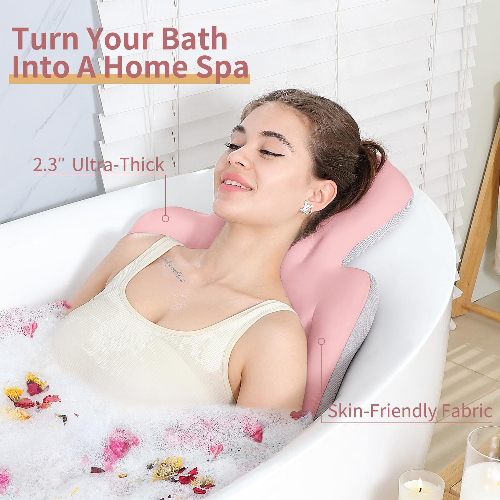 Luxury Bath Cushion, Full Body Bathtub Pillow With 160 Suction Cups, Bath Mat For Head And Neck Support, With Laundry Bag (Light Pink, 60.2"" X 16.2"")