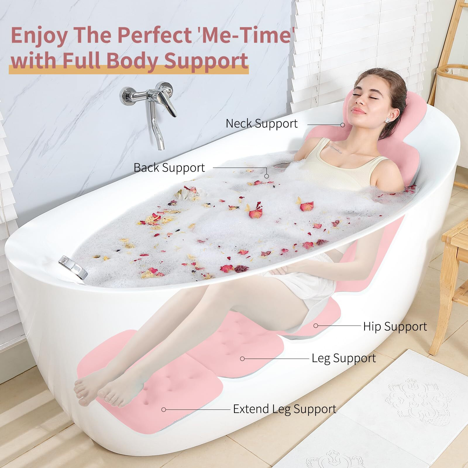 Luxury Bath Cushion, Full Body Bathtub Pillow With 160 Suction Cups, Bath Mat For Head And Neck Support, With Laundry Bag (Light Pink, 60.2"" X 16.2"")