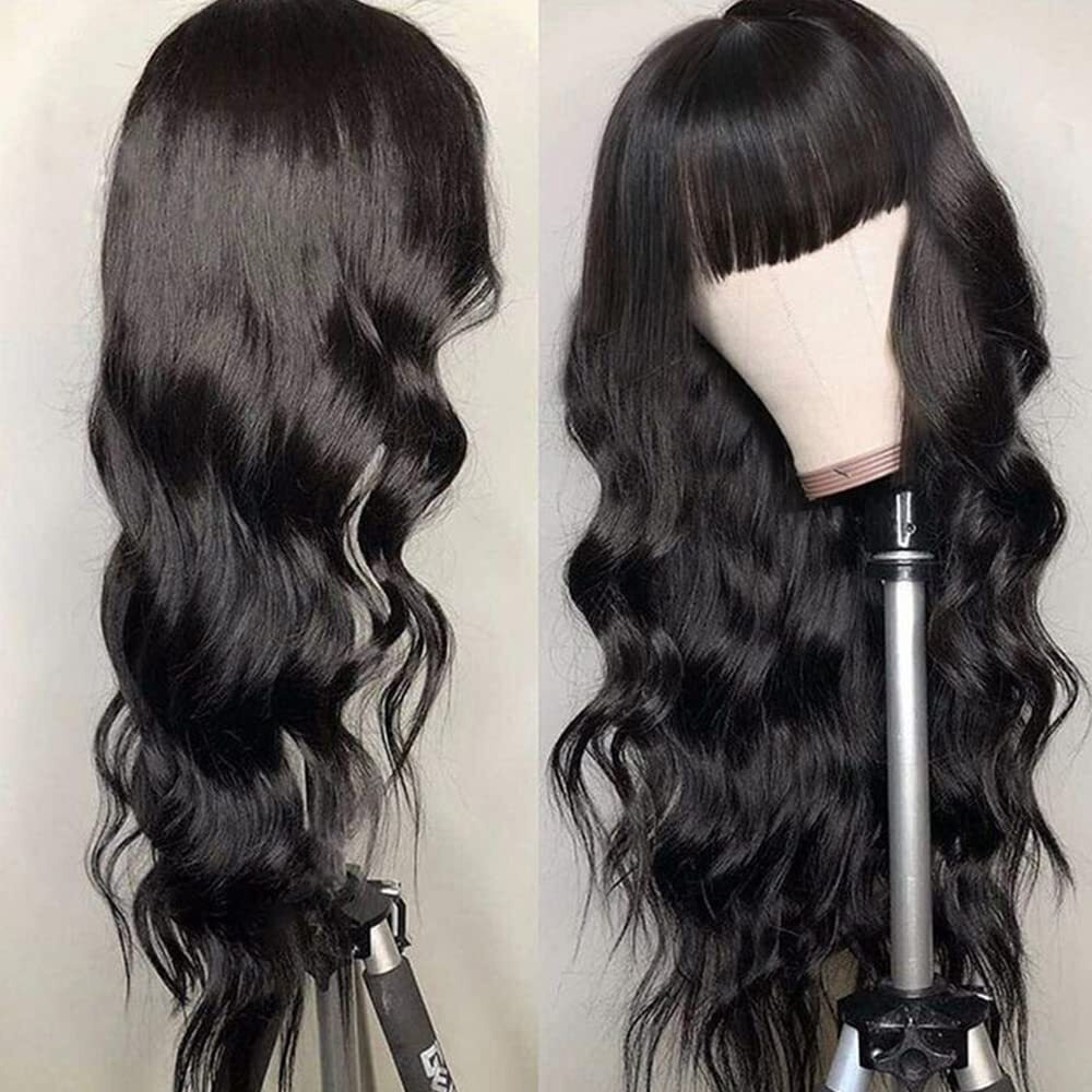 Qd-Tizer Natural Black Wigs With Full Bangs Long Body Wavy Hair Wig Heat Resistant Synthetic None Lace Wigs For Women 24 Inch
