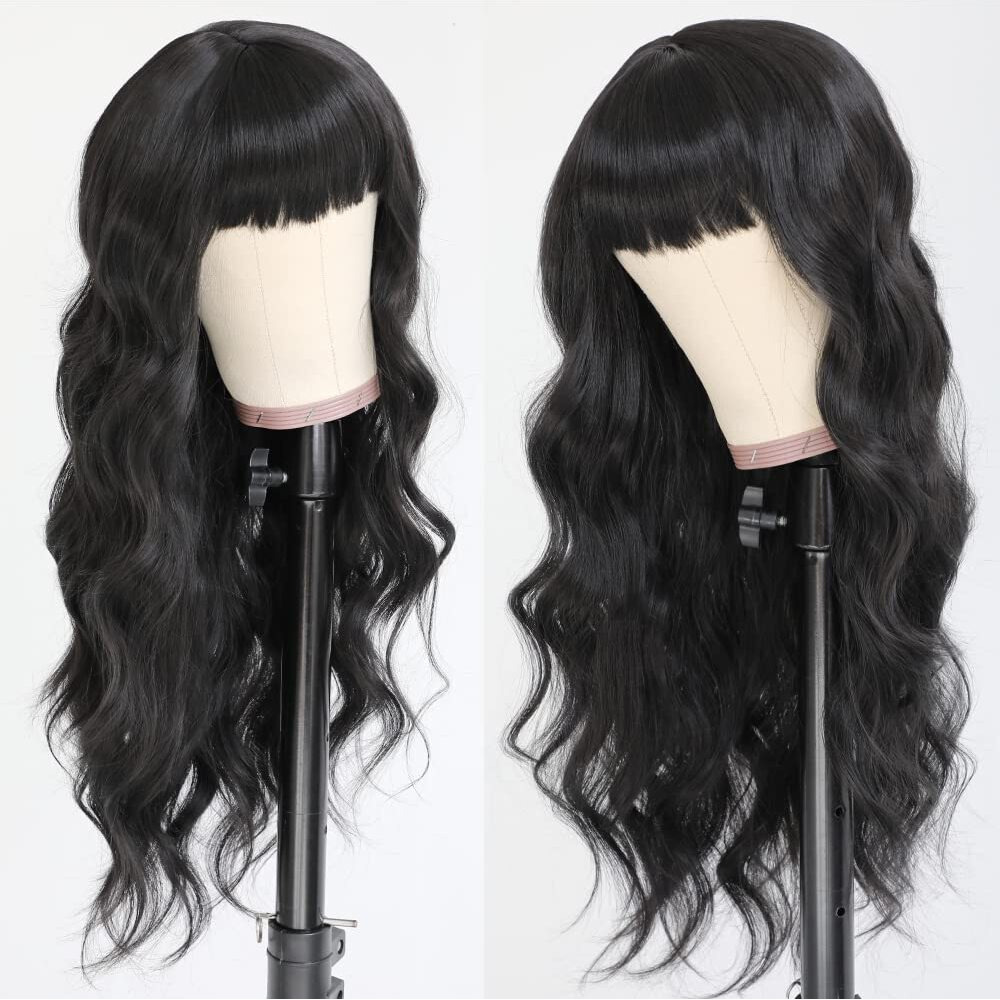 Qd-Tizer Natural Black Wigs With Full Bangs Long Body Wavy Hair Wig Heat Resistant Synthetic None Lace Wigs For Women 24 Inch